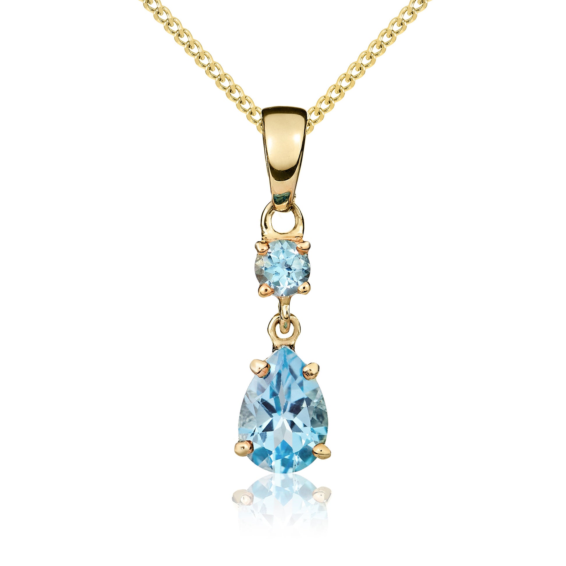 9ct Yellow Gold Round and Pear Shape Swiss Blue Topaz Claw Set 2 Stone Drop Pendant