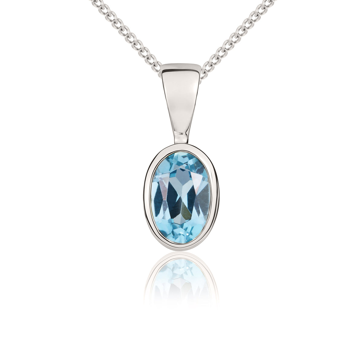 9ct White Gold 6x4 Oval Swiss Blue Topaz Rubover Pendant