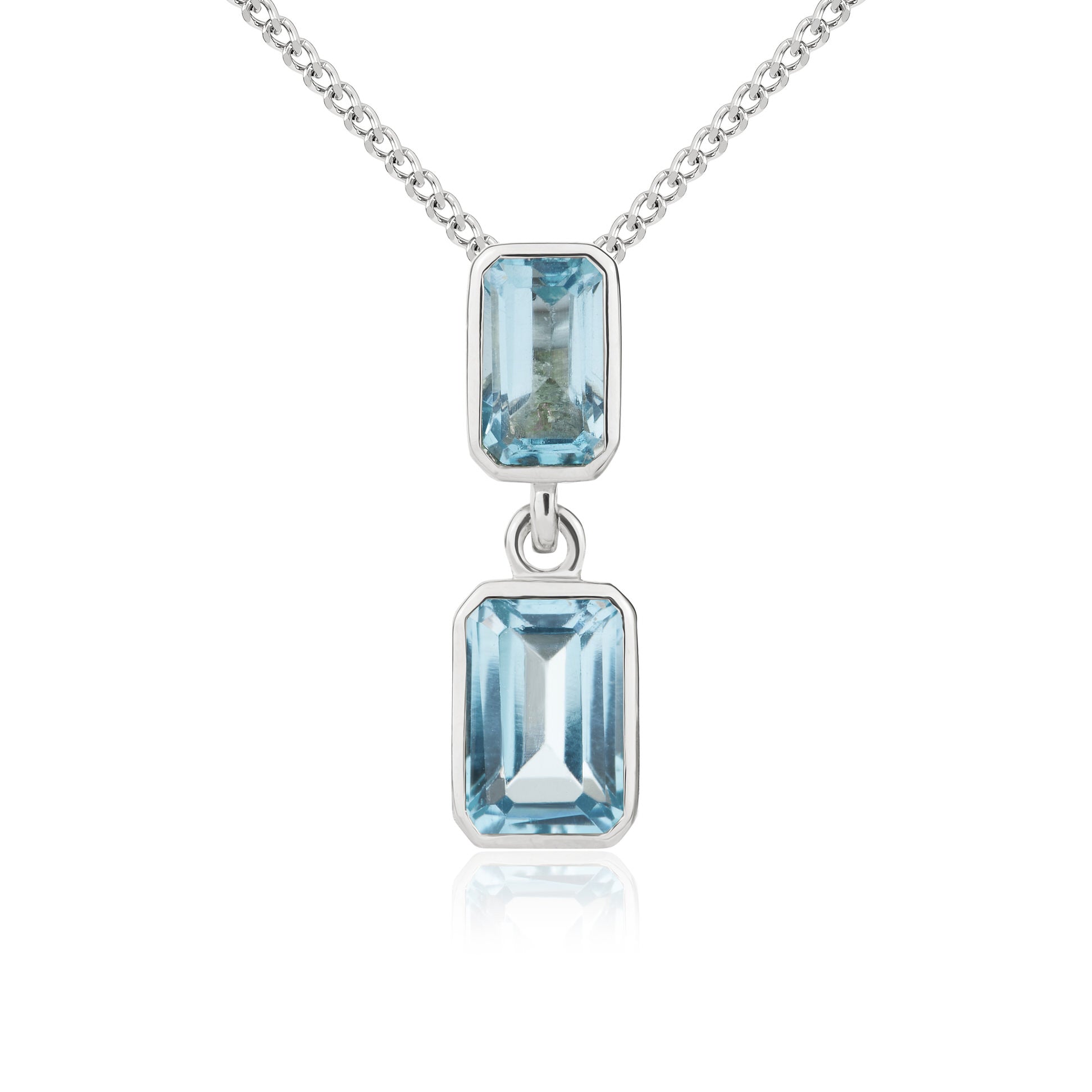 9ct white gold Octagon Swiss Blue Topaz 2 stone rubover Drop pendant