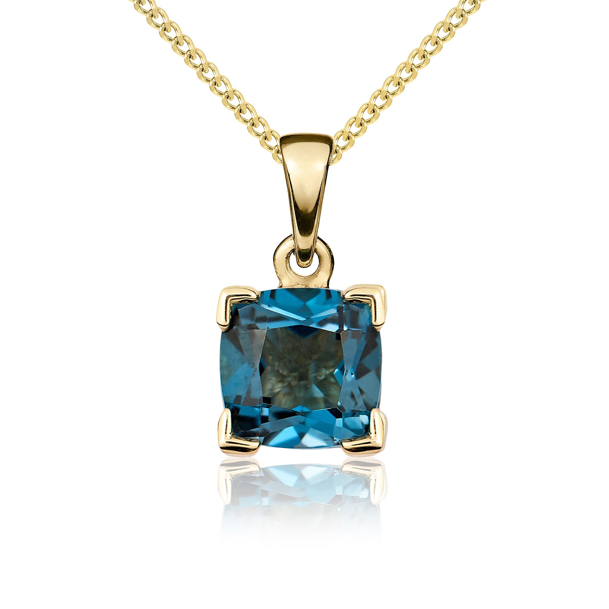 9ct Yellow Gold 8mm Cushion London Blue Topaz Claw Set Pendant