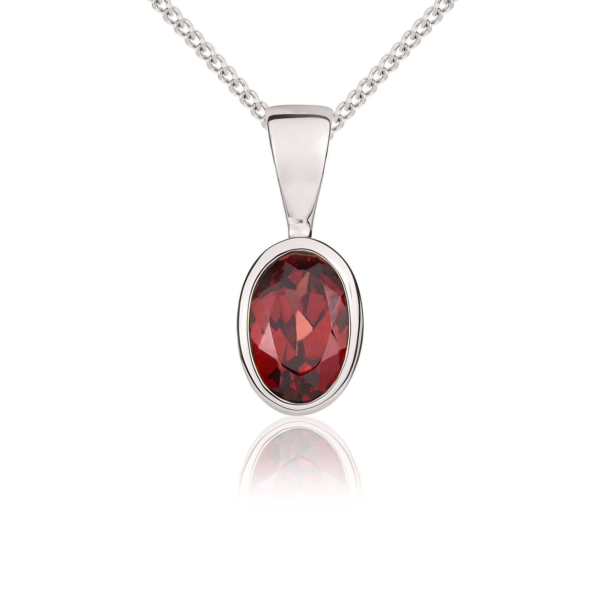 9ct white gold 6mm x 4mm Oval Garnet Rubover Pendant