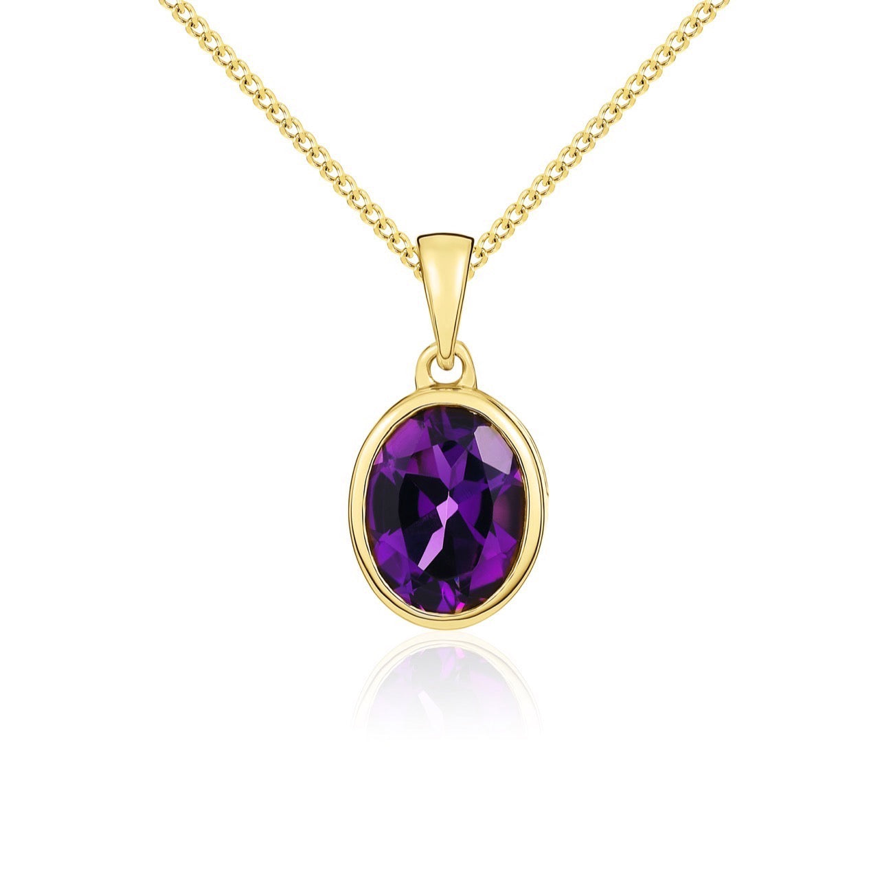 9ct Yellow Gold 9x7mm Oval Amethyst Single Stone Rubover Pendant with Plain Loop