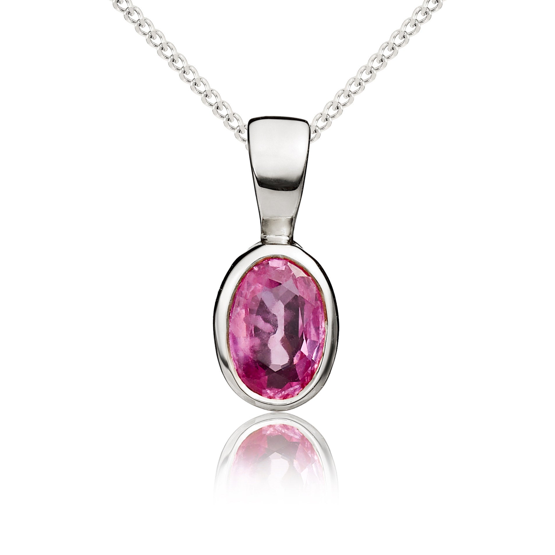 9ct White Gold 6x4 Oval Pink Sapphire Rubover Pendant