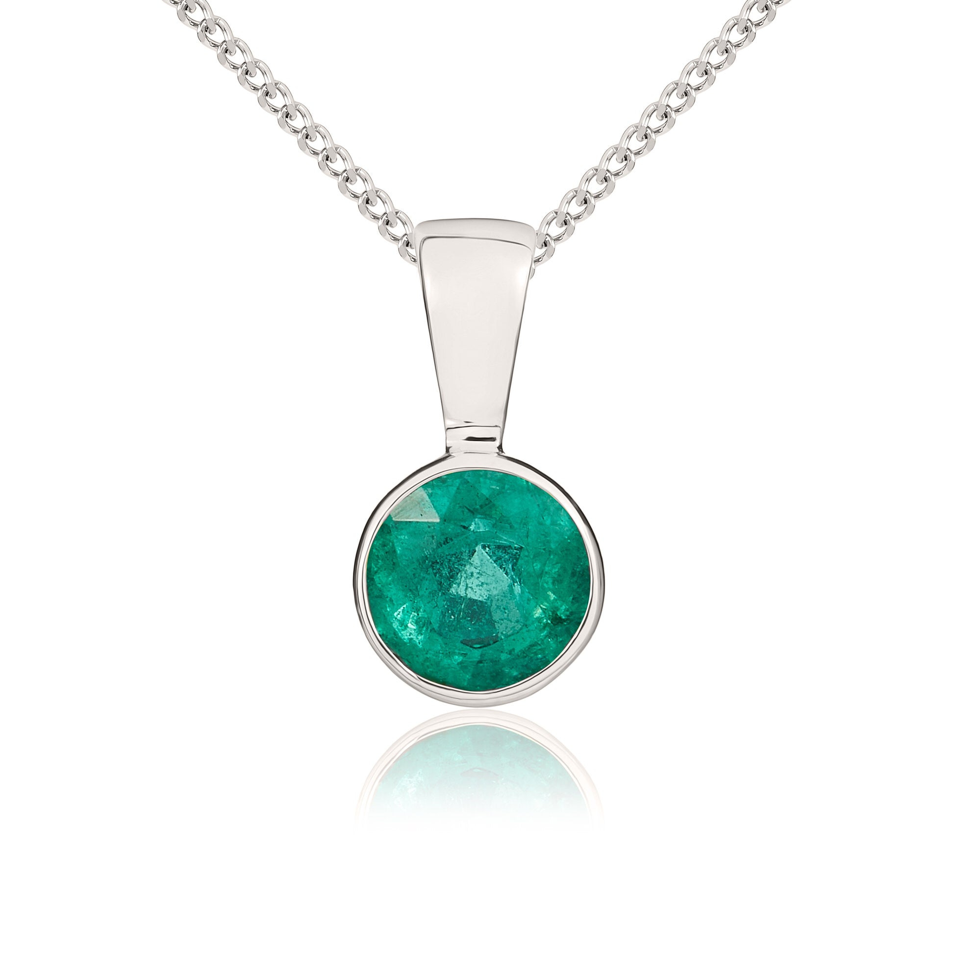 9ct White Gold 5mm Round Emerald Rubover Pendant