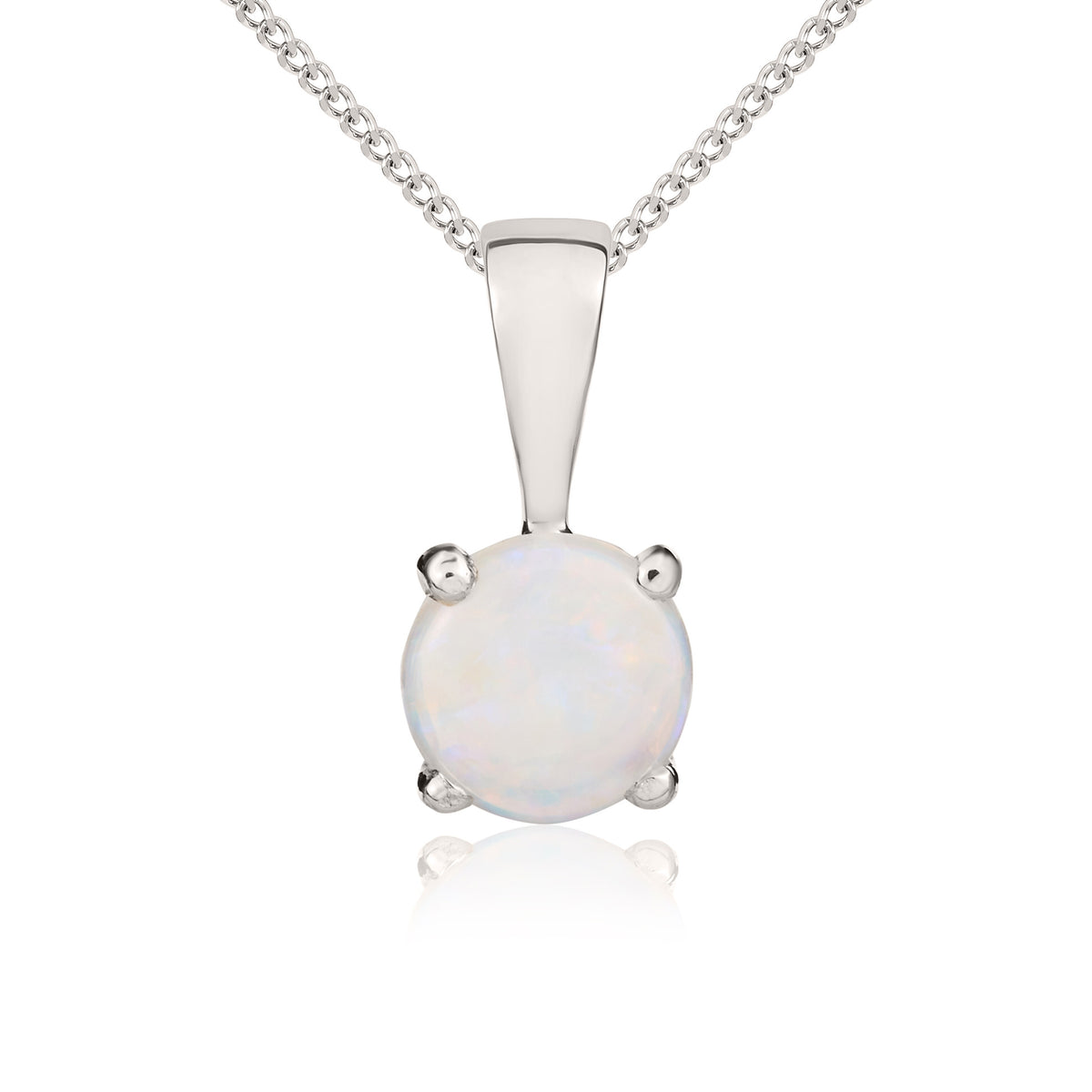 9ct White Gold 5mm Round Opal 4 Claw Single Stone Pendant