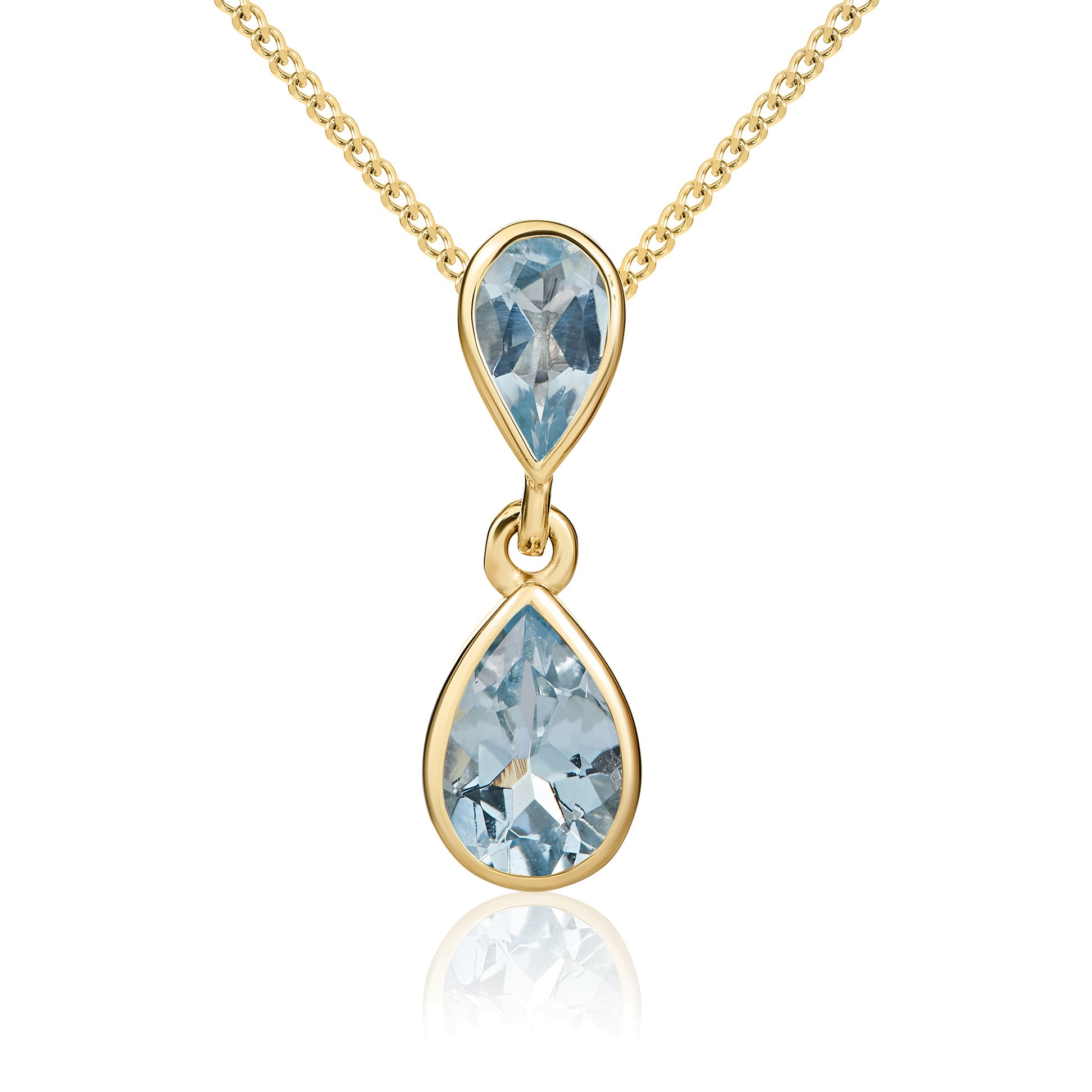 9ct Yellow Gold Pear Aquamarine Rubover Double Drop Pendant