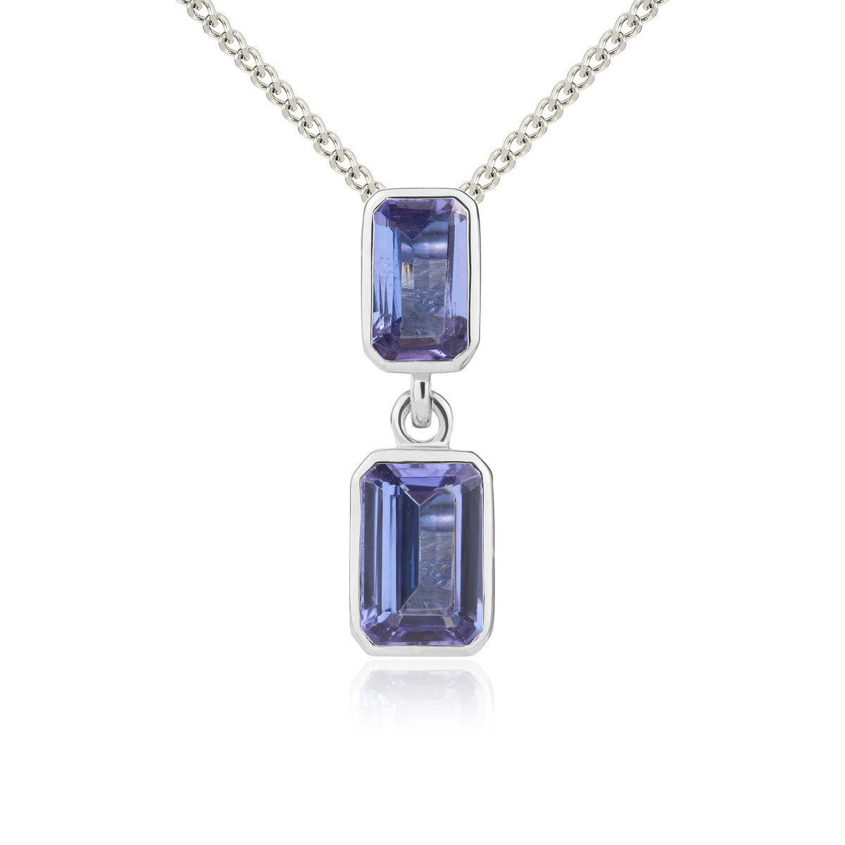9ct White Gold Octagonal Tanzanite Rubover Double Drop Pendant