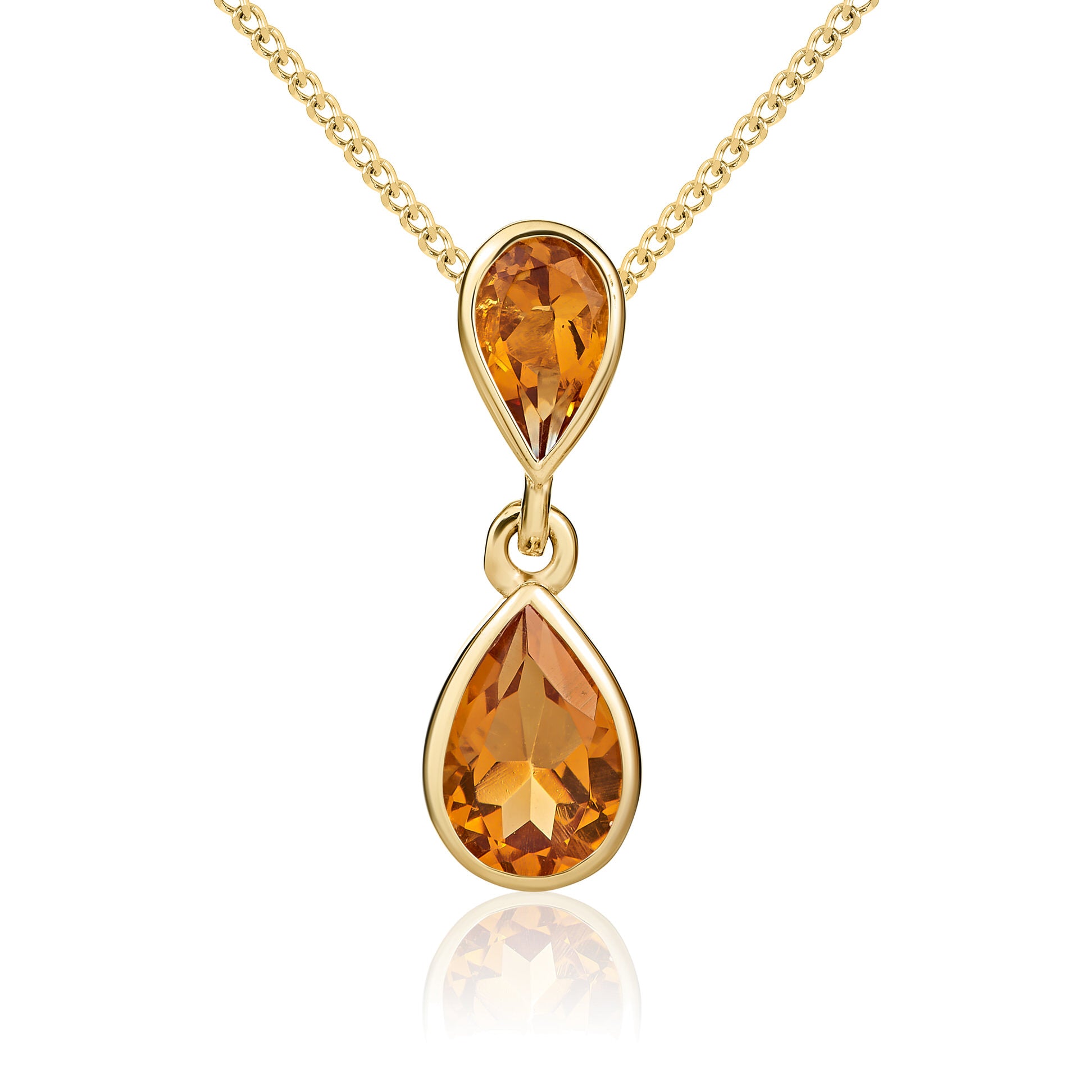 9ct Yellow Gold Pear Citrine Rubover Double Drop Pendant