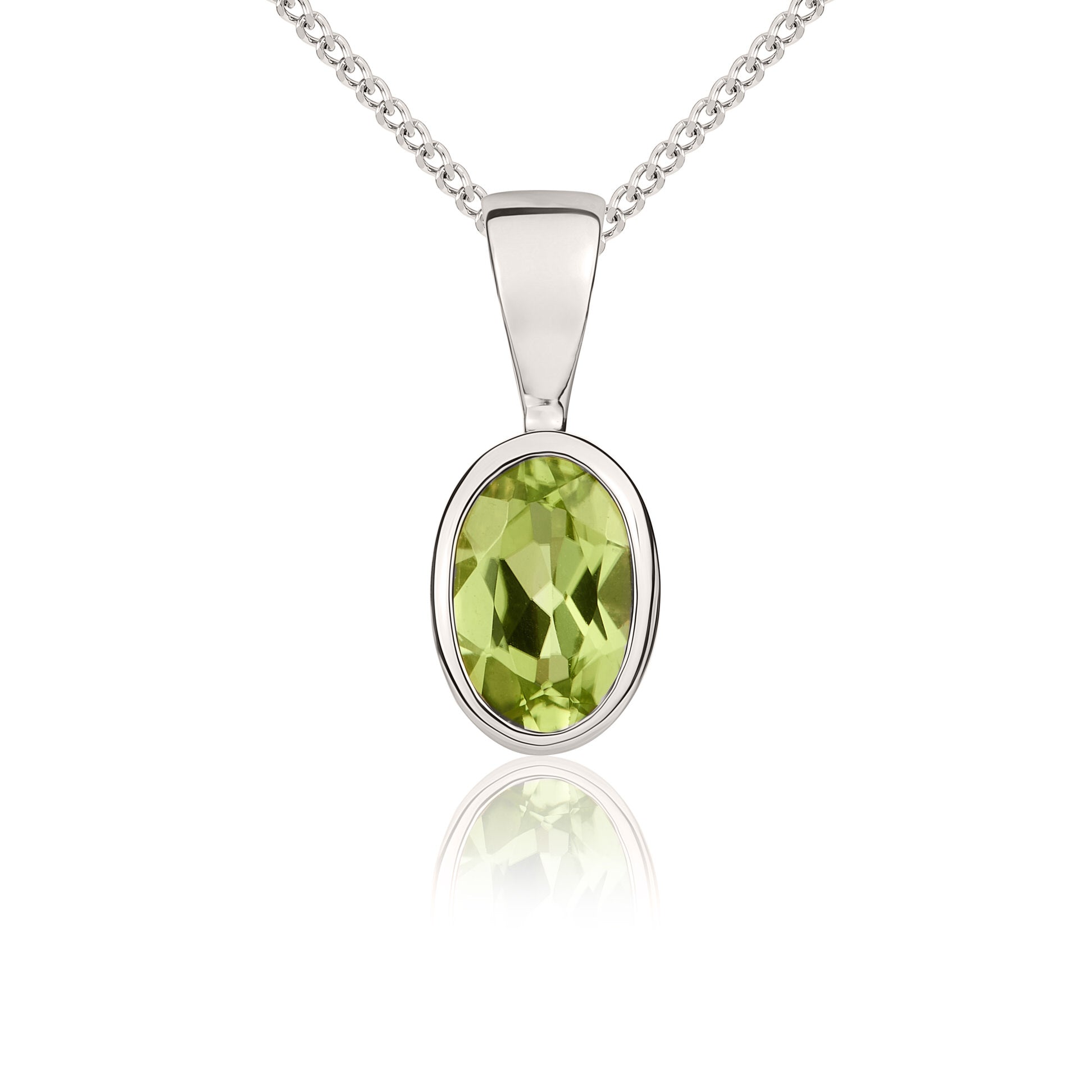 9ct White Gold 6x4mm Oval Peridot Rubover Pendant