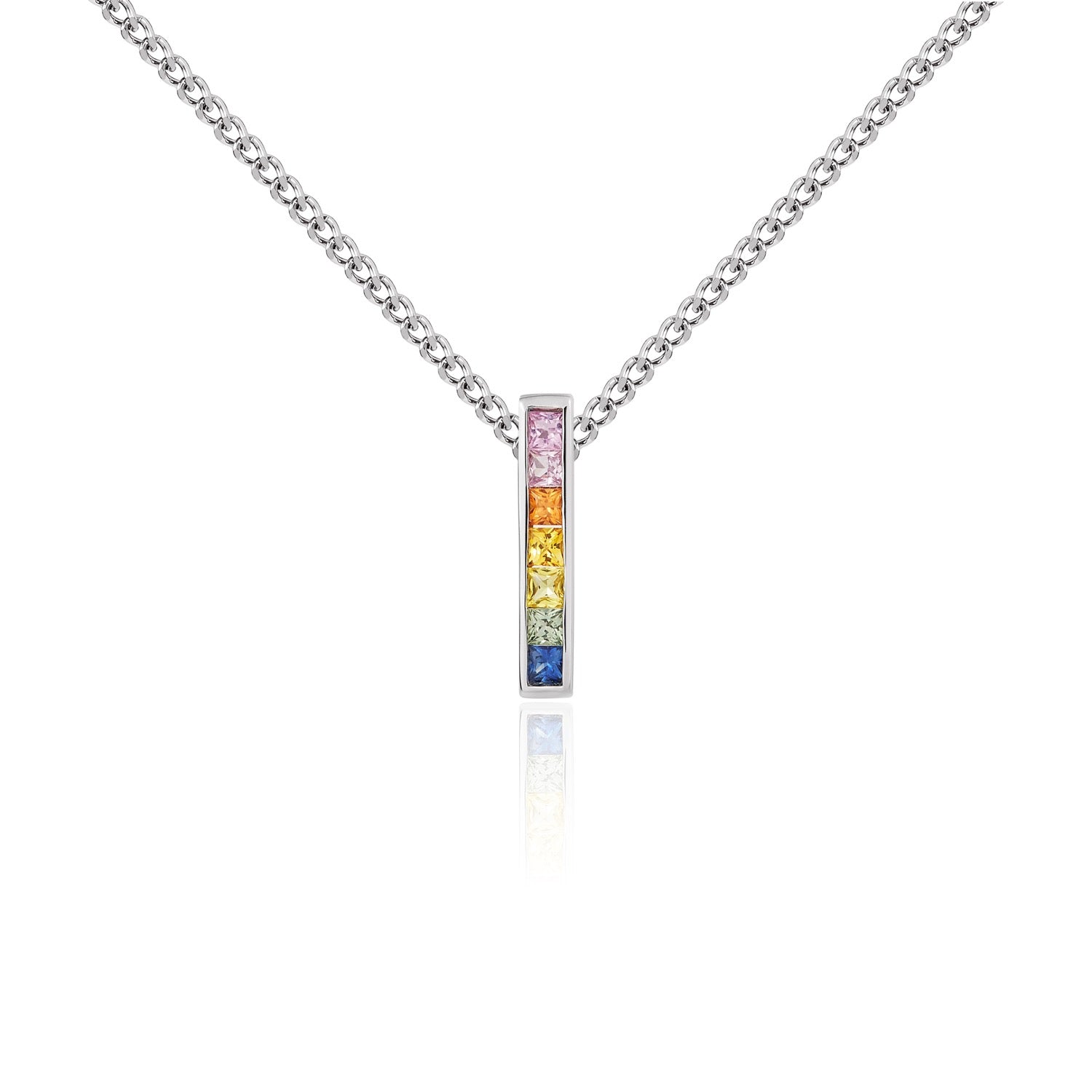 9ct White Gold Square Multi-Sapphire Channel Set Bar Slider Pendant
