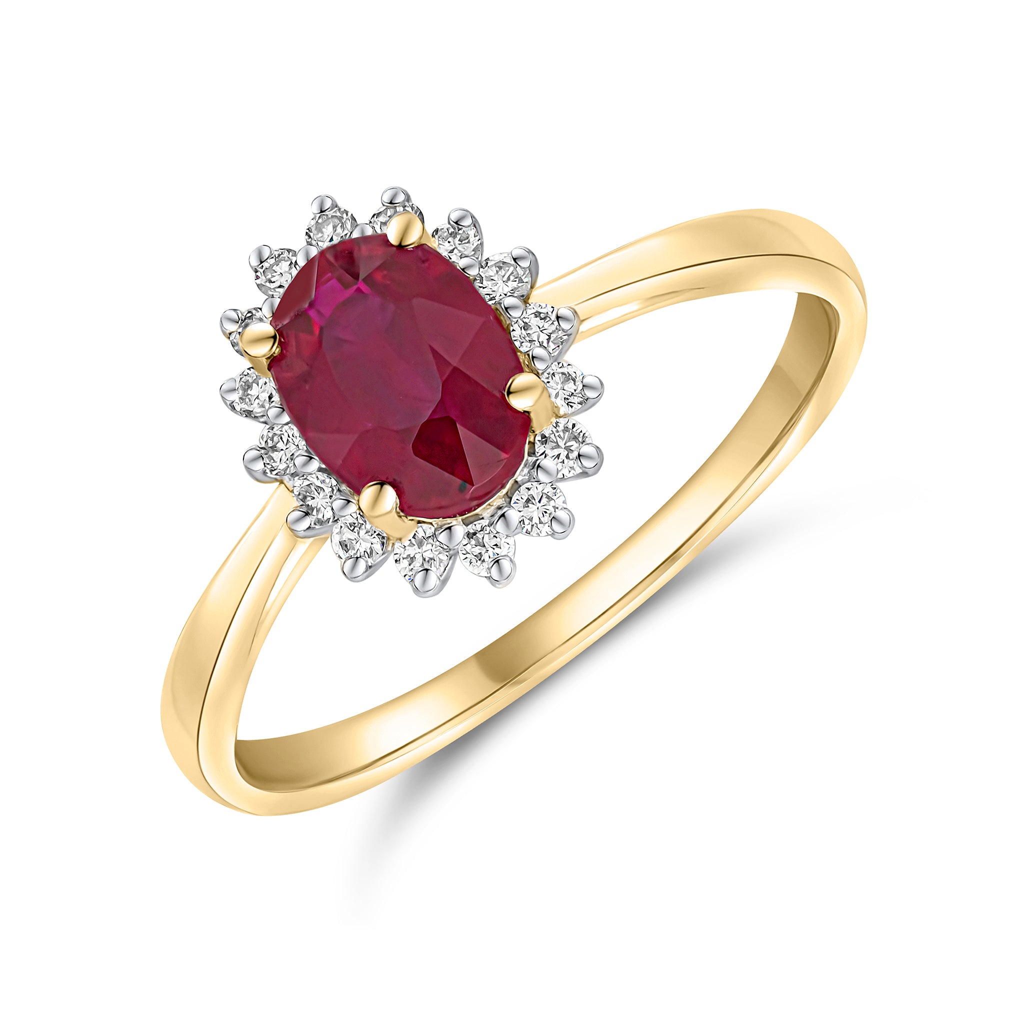 18ct Yellow Gold 7x5 Oval Ruby & Diamond Claw Cluster Ring Rhodium to Diamonds