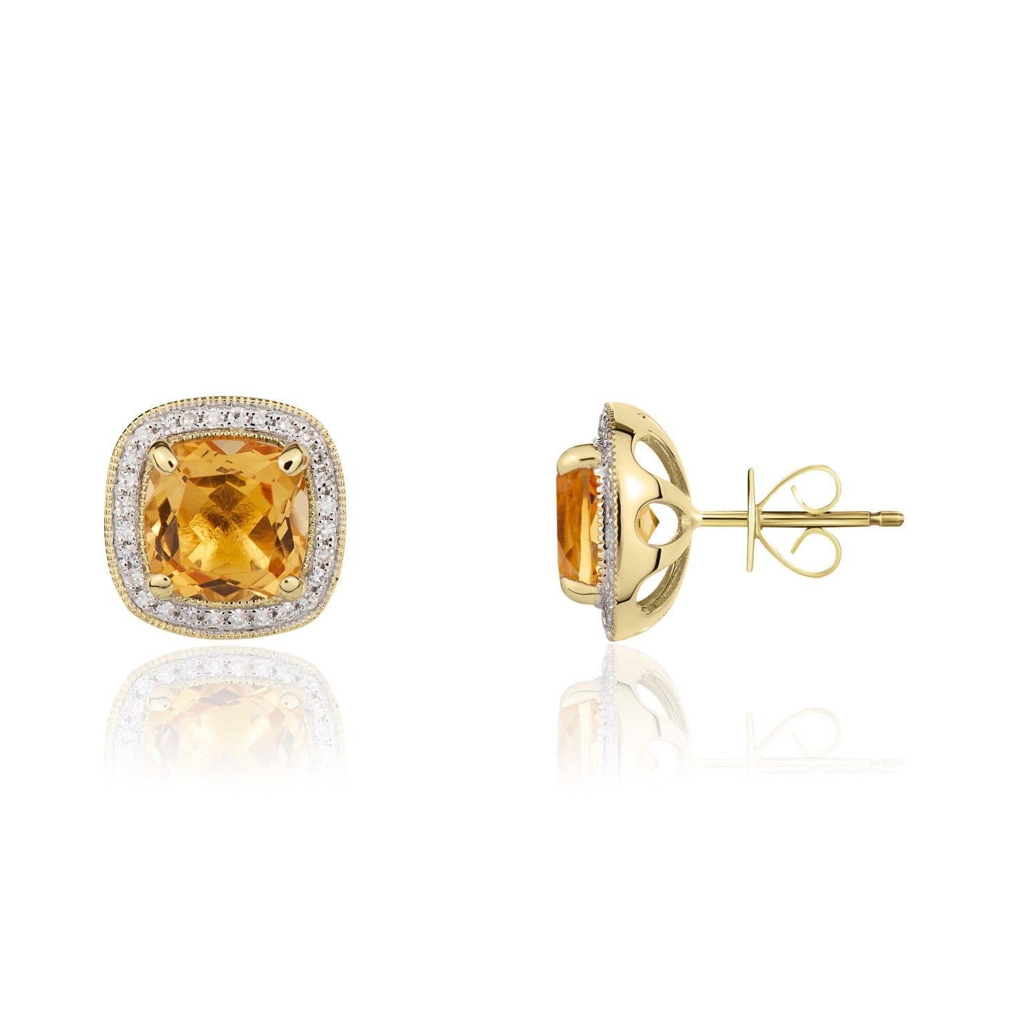 9ct Yellow Gold 7mm Cushion Citrine and Diamond Cluster Earrings with Milgrain Edge Rhodium to Diamonds