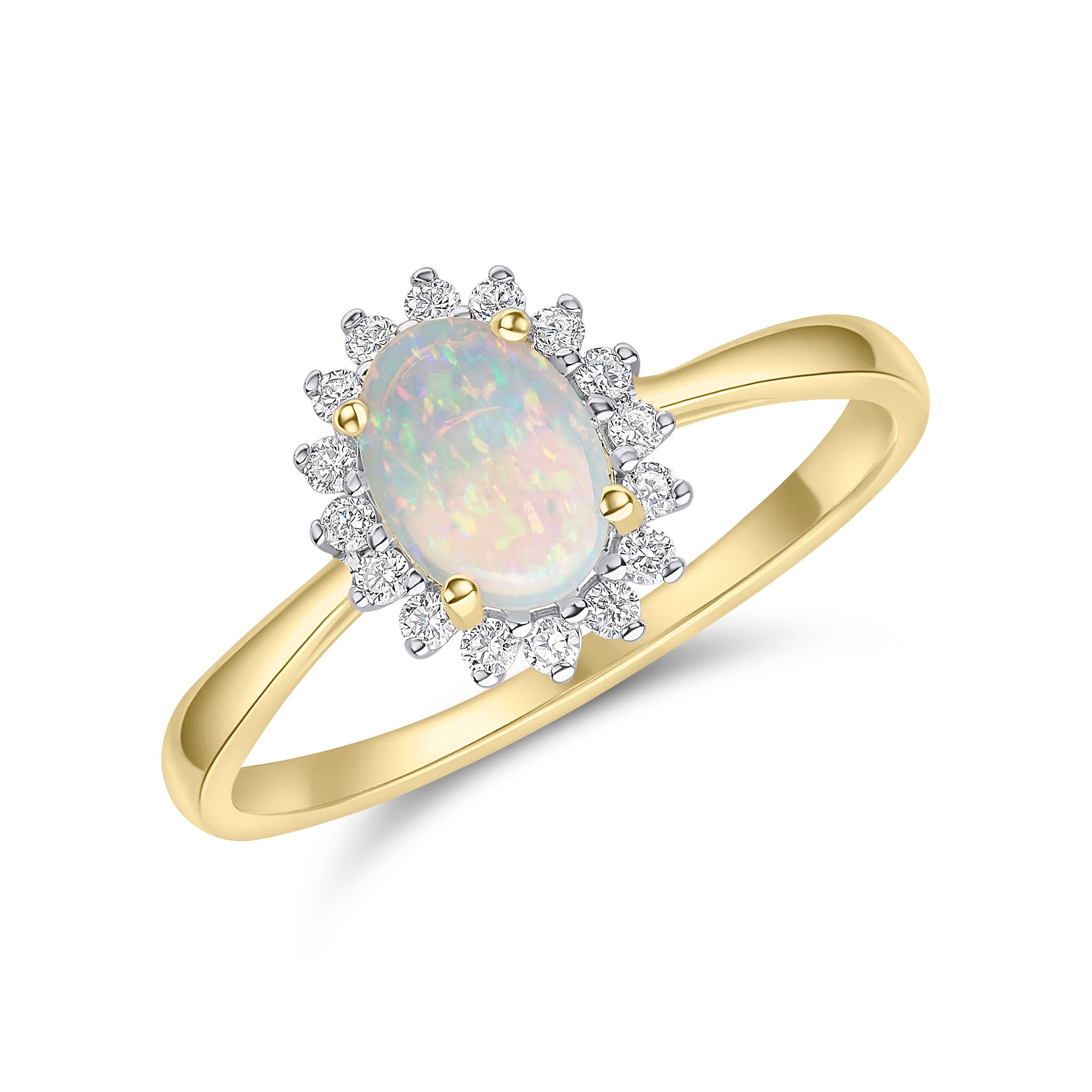 18ct Yellow Gold 7x5 Oval Opal & Round Diamond Claw Set Cluster Ring Rhodium to Diamonds