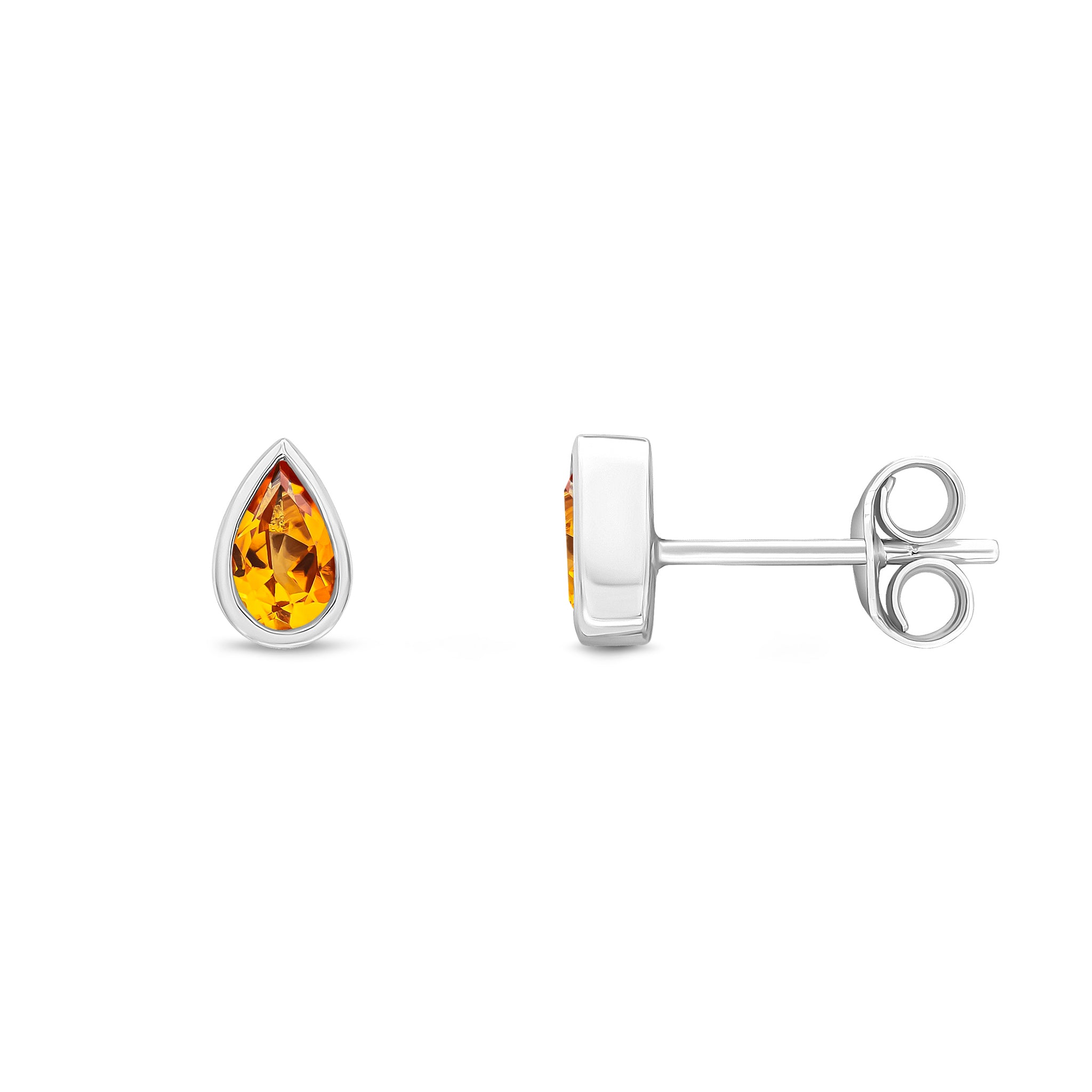 9ct White Gold 5x3 Pear Shape Citrine Rubover Set Earrings