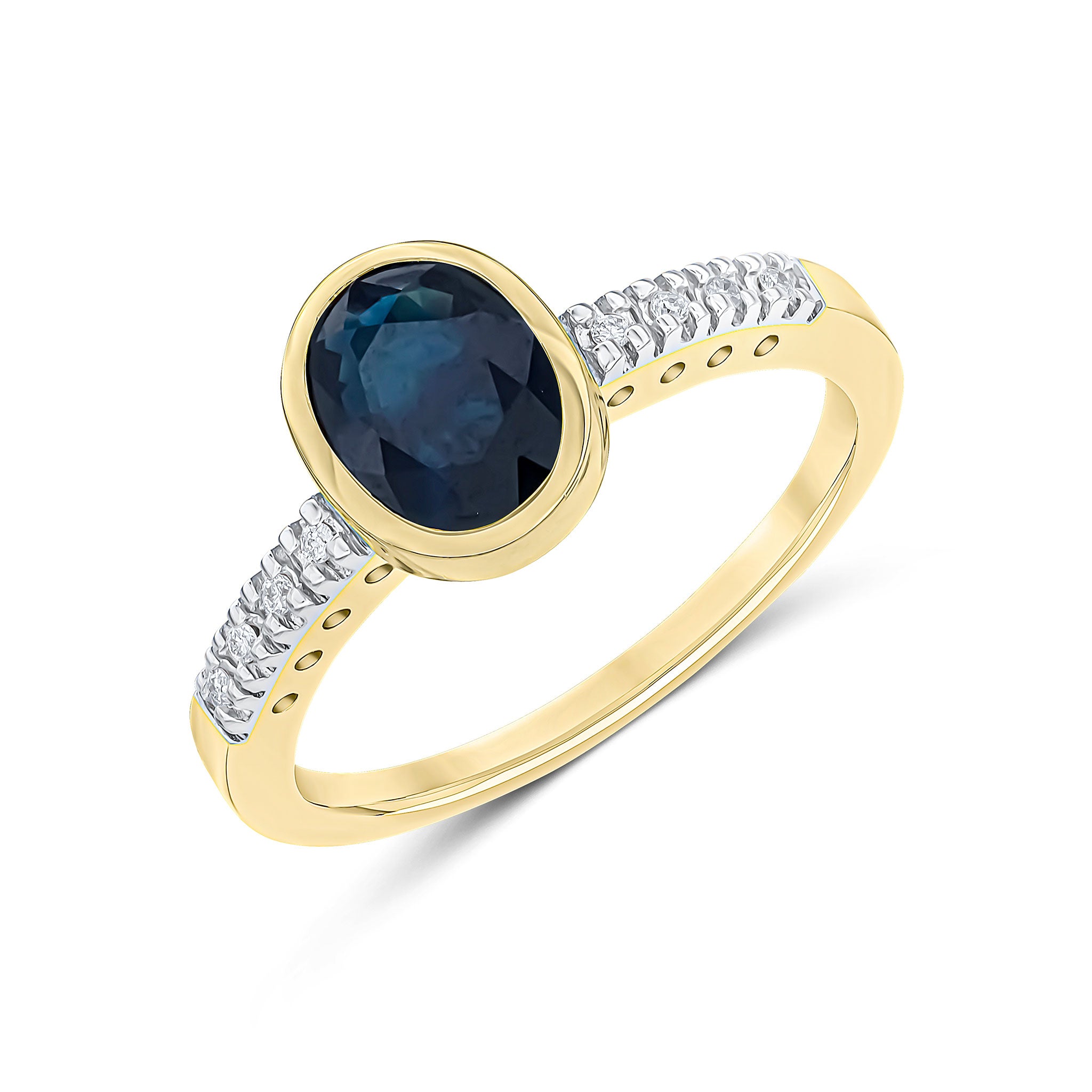 9CT YG RUBOVER 8X6 OVAL SAPPHIRE SINGLE STONE RING WITH CLAW SET DIAMOND SHOULDERS. RHODIUM TO DIAMONDS 1