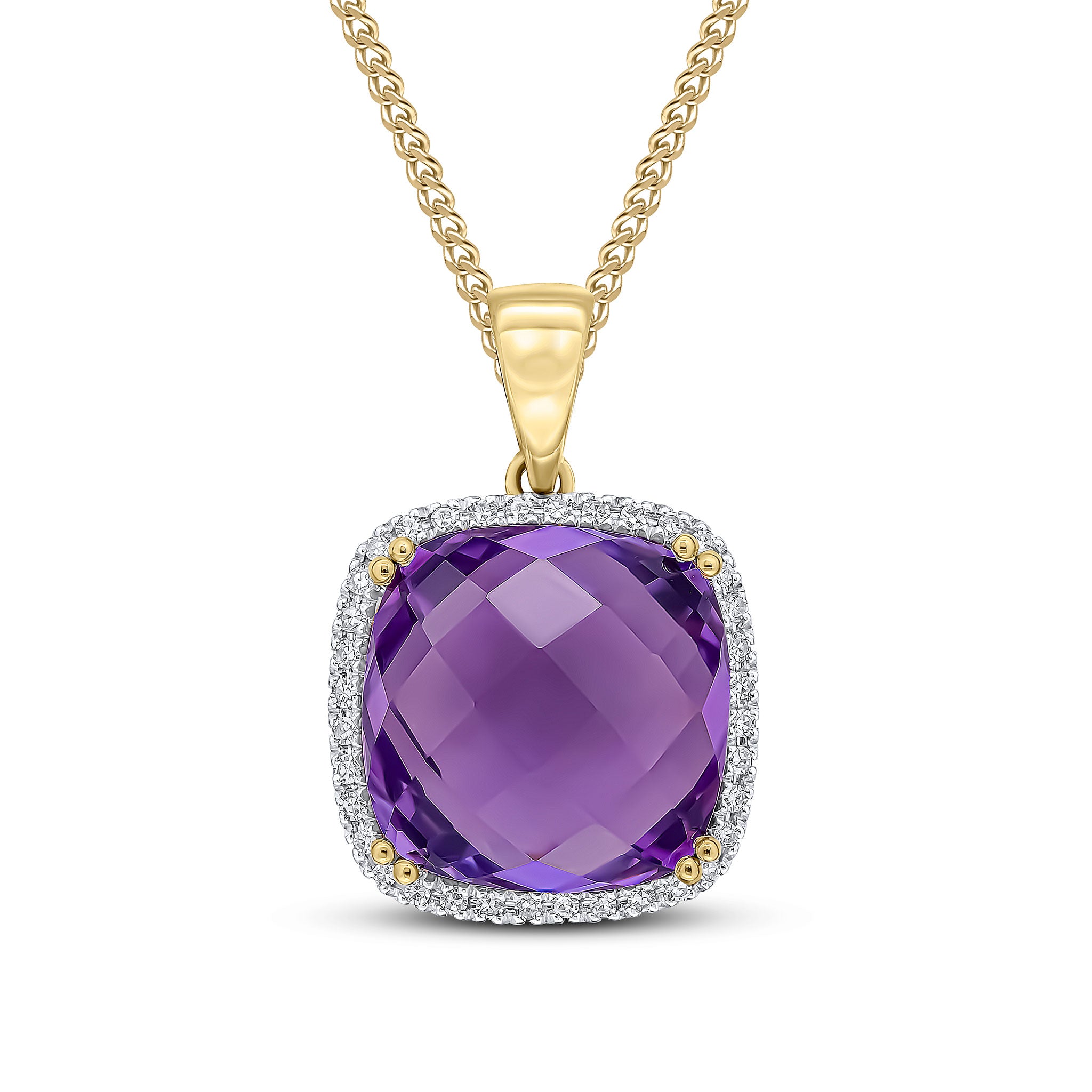 9ct Yellow Gold 12mm Checkerboard Cut Cushion Amethyst & Diamond Cluster Pendant Rhodium to Diamonds