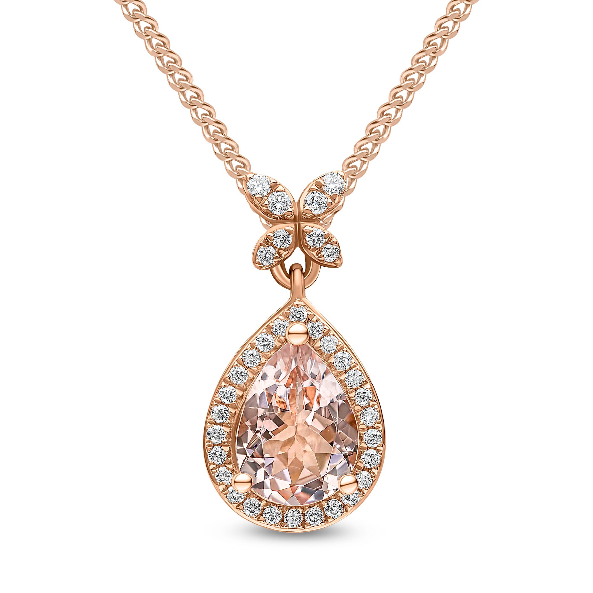 18ct Rose Gold Pear Shape Morganite & Diamond Cluster Pendant with Diamond Cross Loop