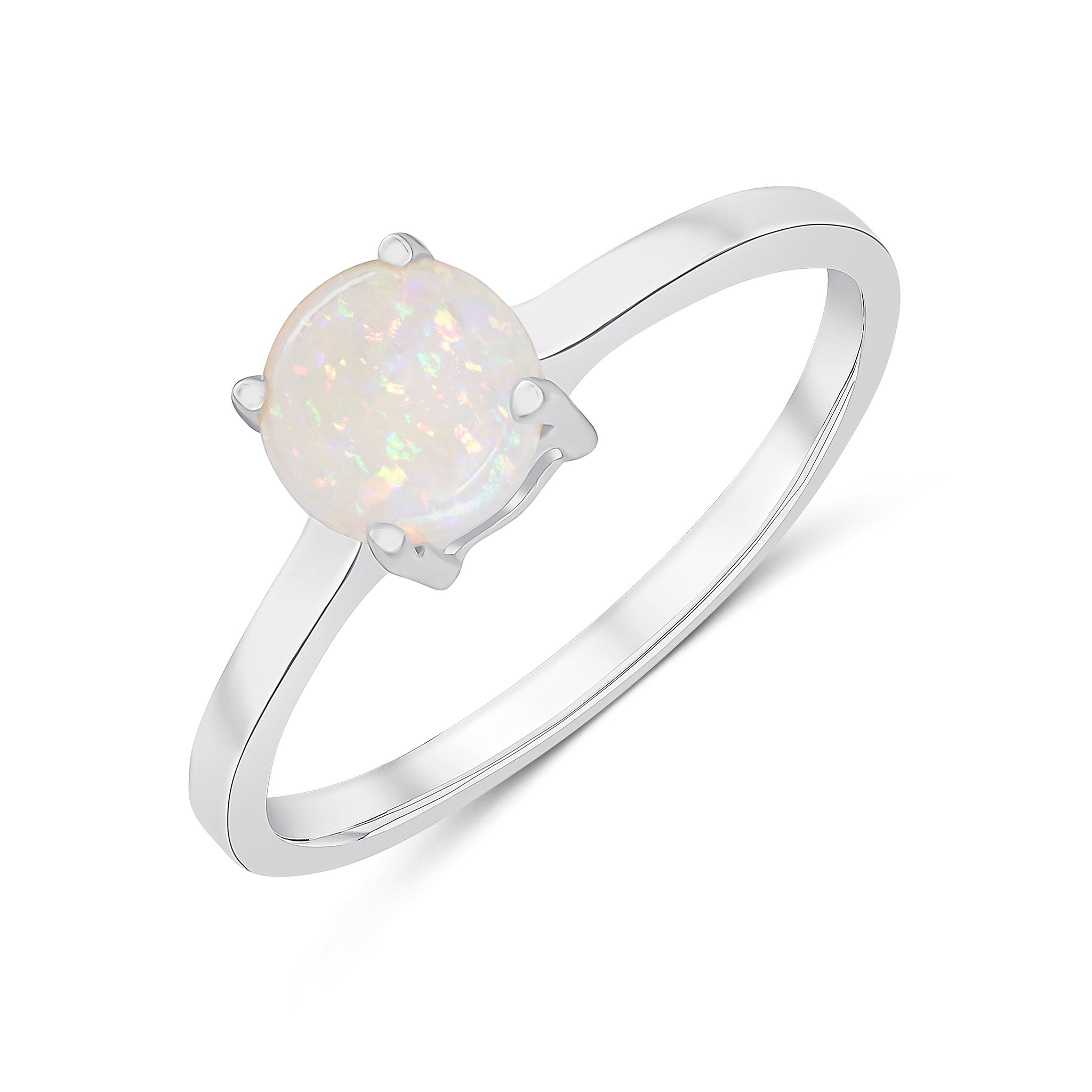 9ct White Gold 6mm Round Opal 4 Claw Single Stone Ring