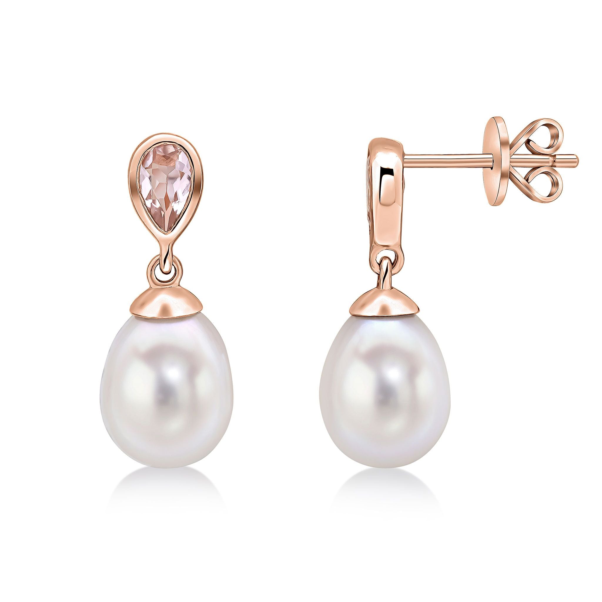 9ct rose gold pearl & Single pear shape morganite Drop Earrings
