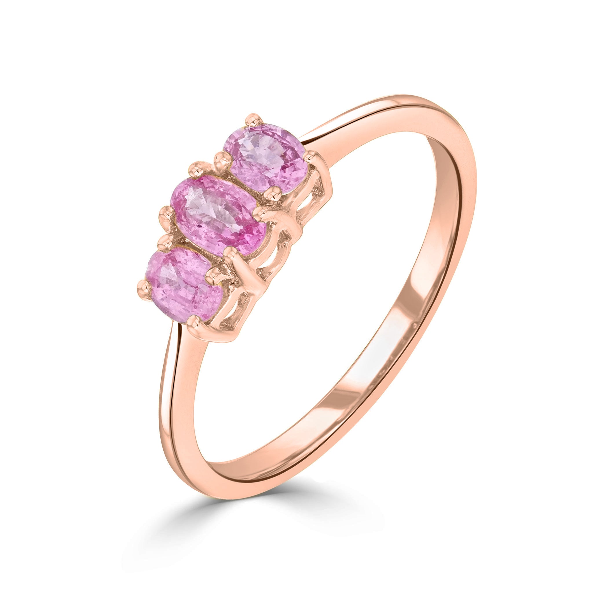 9ct Rose Gold Oval Pink Sapphire 3 Stone Claw Set Ring