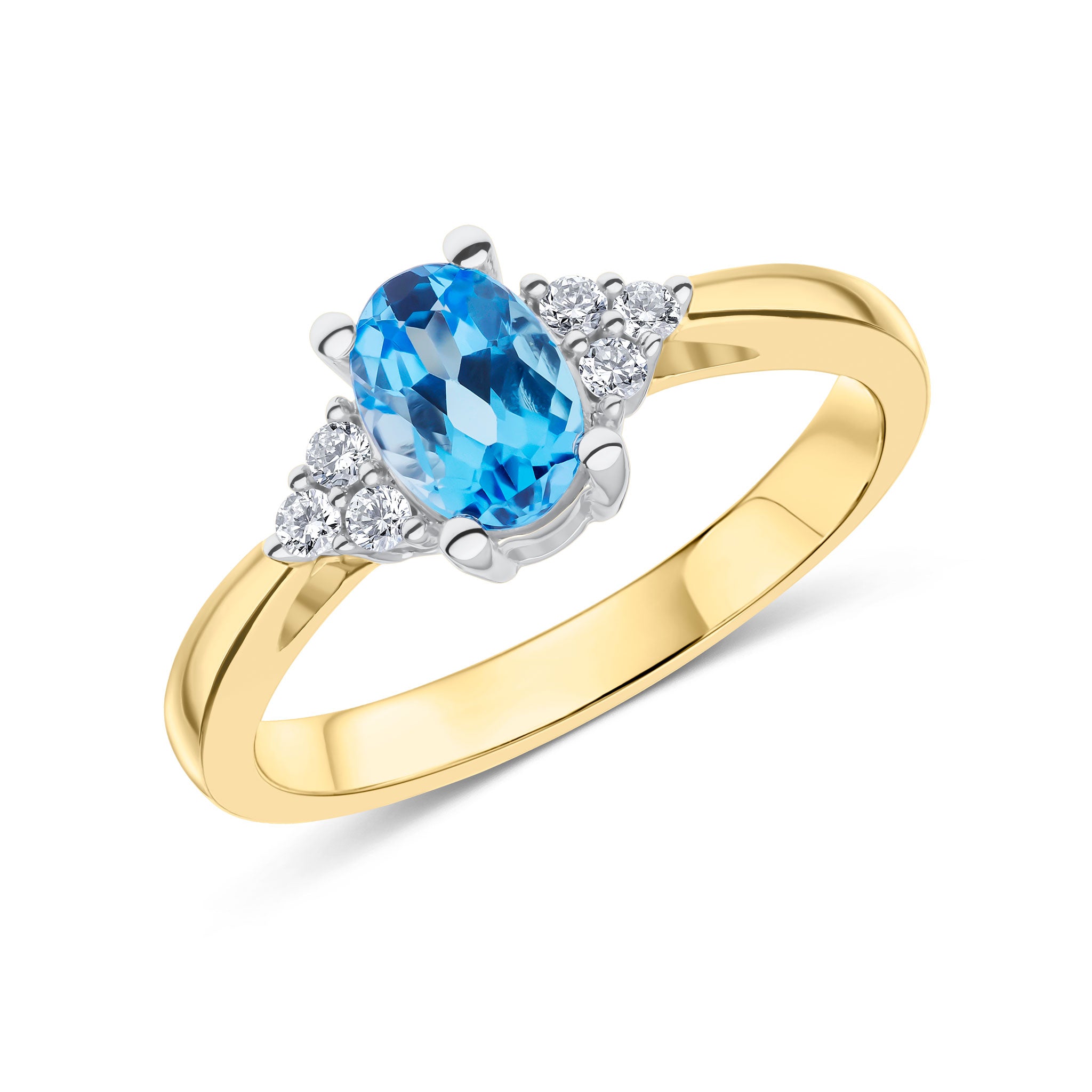 9ct Ywg 7x5 Oval Swiss Blue Topaz & Diamond Trefoil Shoulders Ring