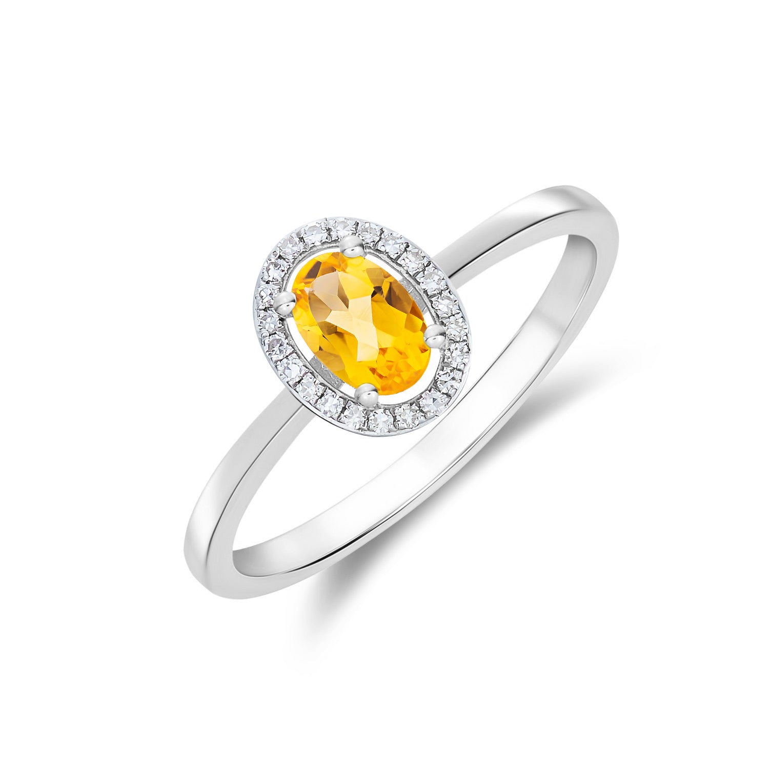 9ct White Gold 6x4 Oval Citrine and Round Diamond Halo Cluster Ring