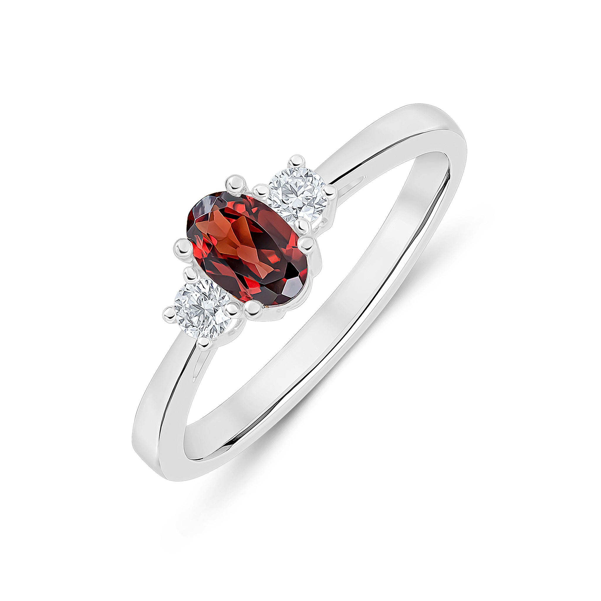 9ct White Gold 6x4 Oval Garnet and Round Diamond Claw Set 3 Stone Ring