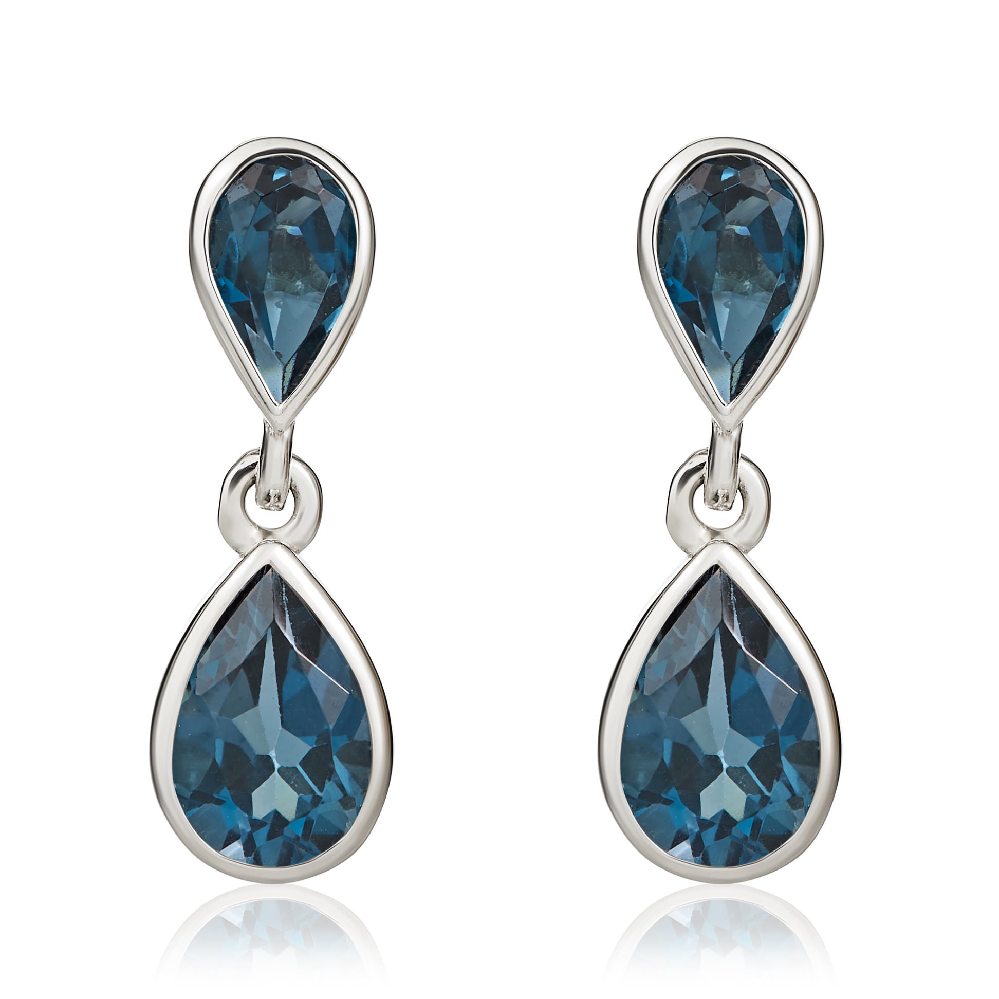 9ct White Gold Pear Shaped London Blue Topaz Double Drop Earrings