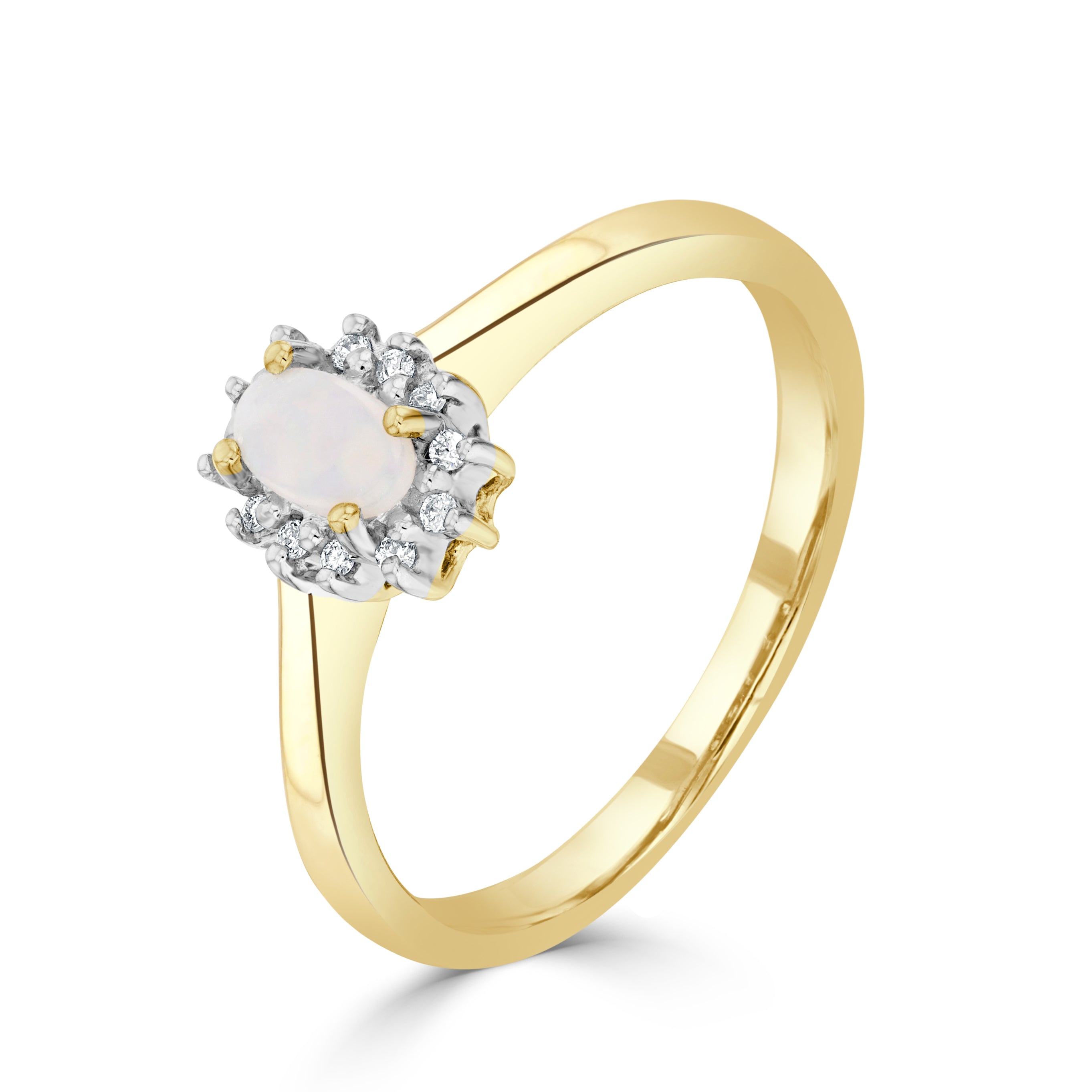 9ct Yellow Gold 5x3 Oval Opal & Diamond Claw Set Cluster Ring Rhodium to Diamonds