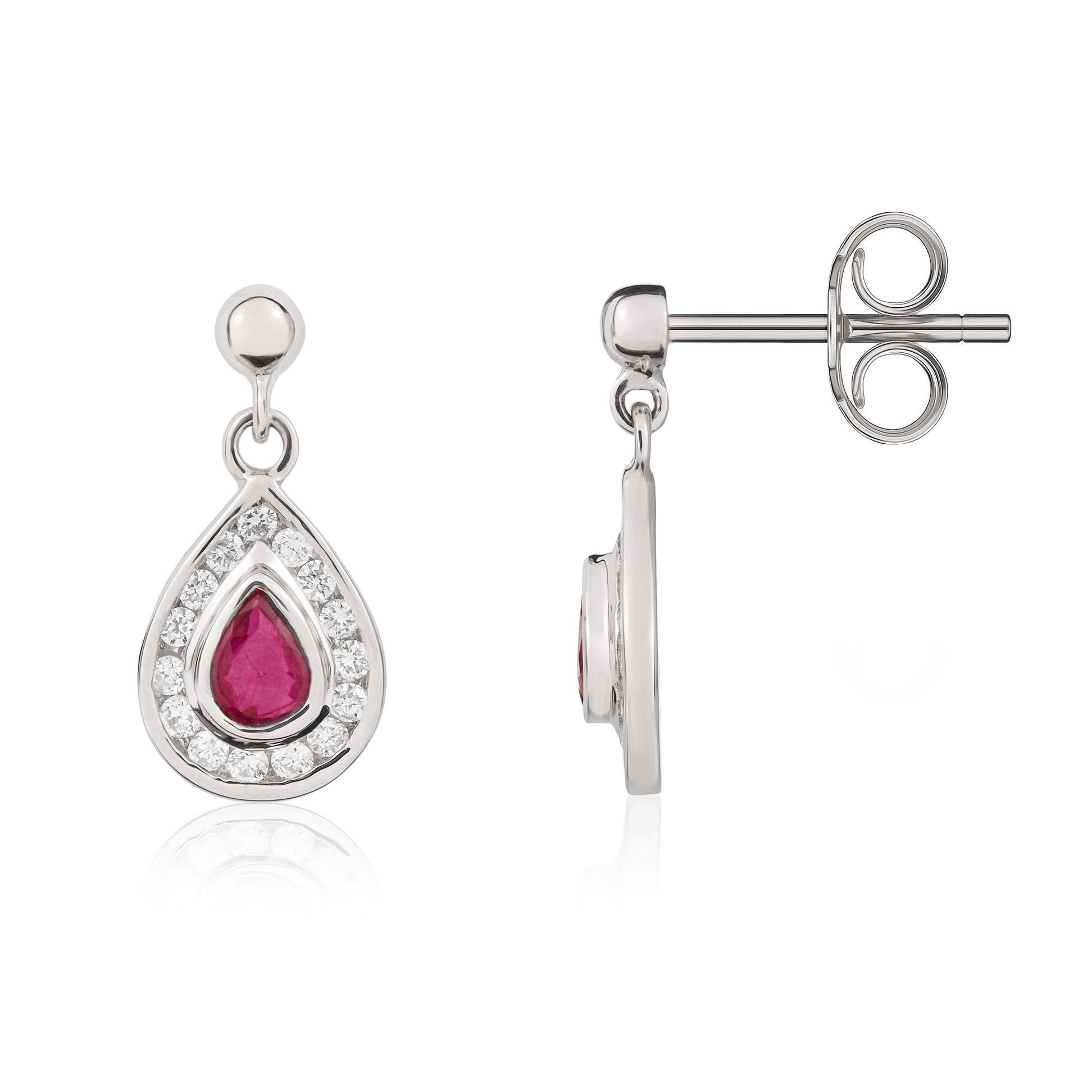 9ct White Gold Pear Ruby & Diamond Drop Er
