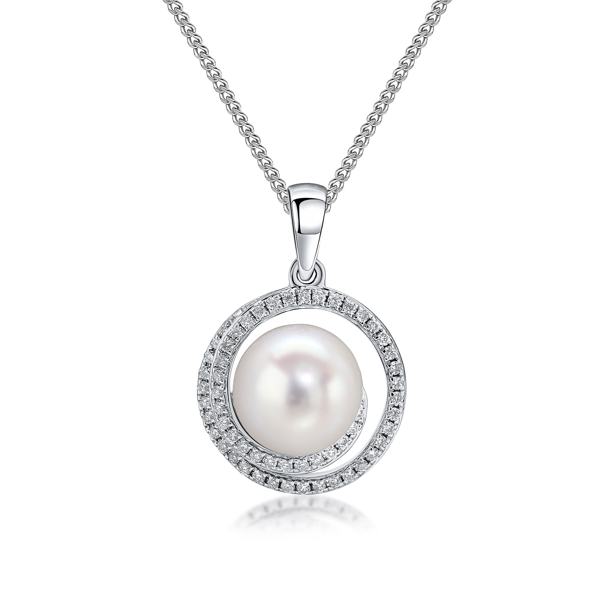 18ct White Gold Freshwater Cultured Pearl and Diamond Round Swirl Cluster Pendant