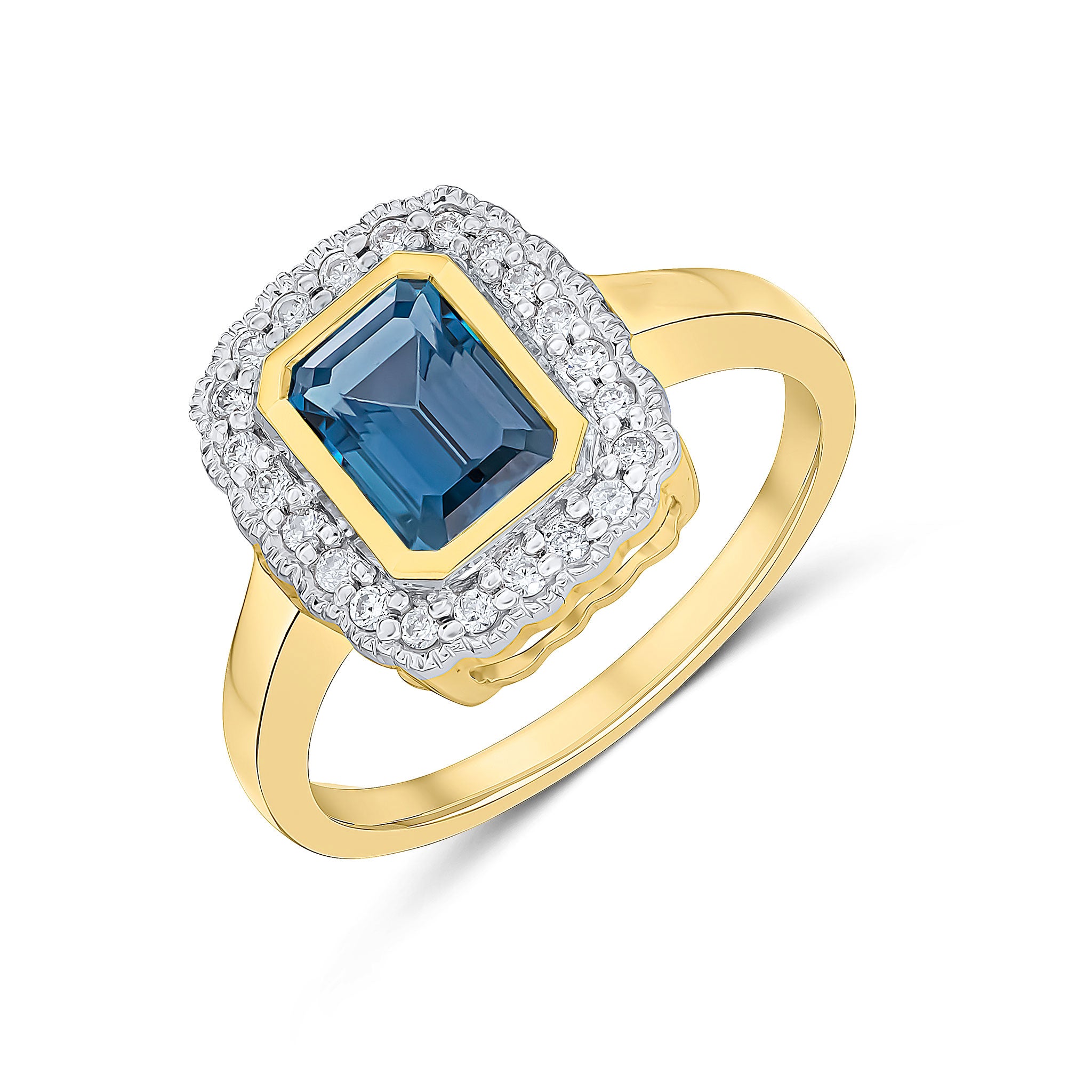 9ct Yellow Gold Rubover 7x5 Octagon London Blue Topaz and Diamond Cluster Ring with Milgrain Edge Rhodium to Diamonds