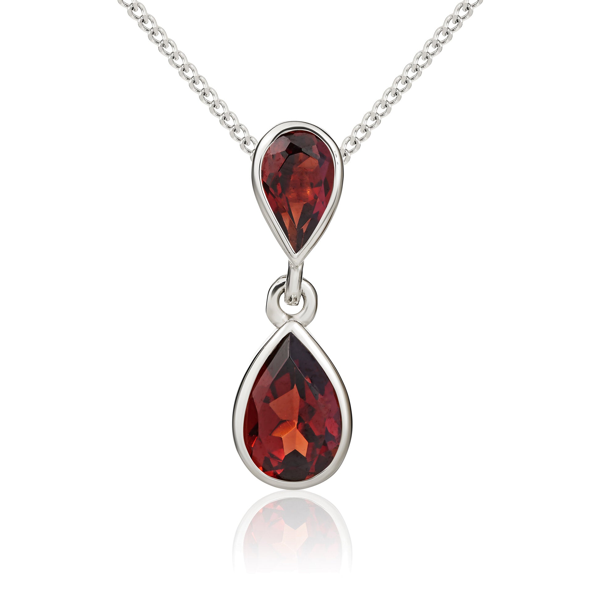 9ct White Gold Pear Shaped Garnet Rubover Double Drop Pendant
