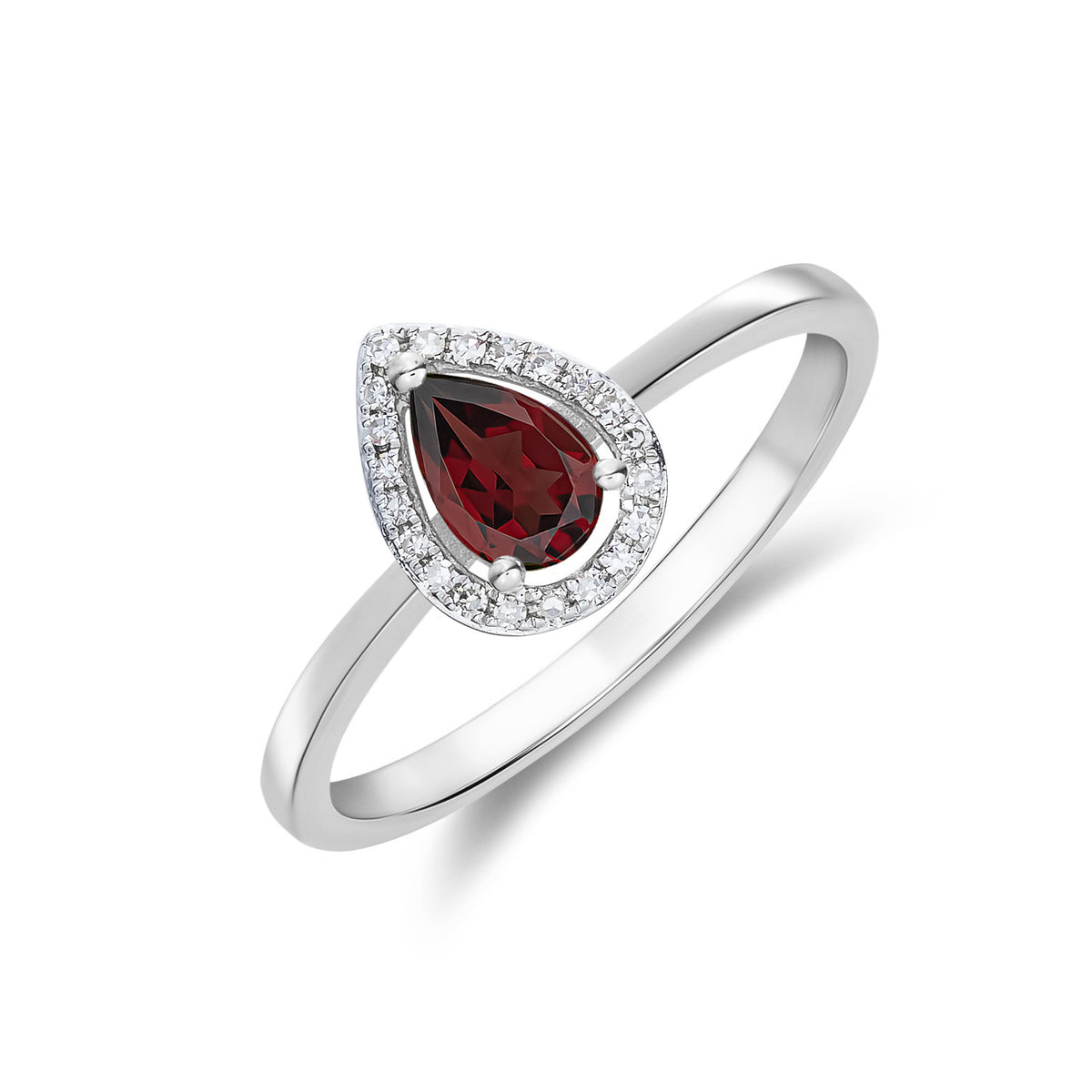 9ct White Gold 6x4 Pear Shape Garnet & Diamond Halo Claw Cluster Ring