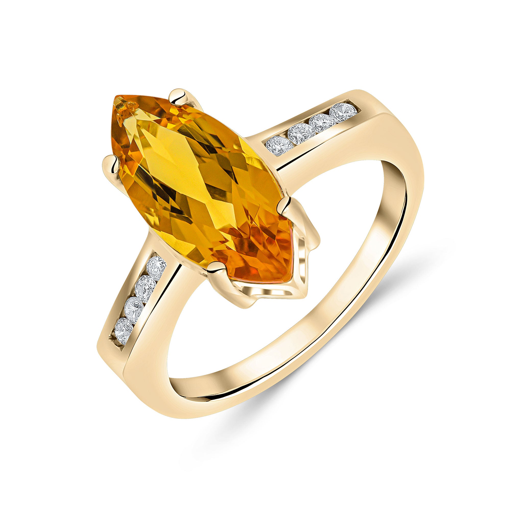 9CT YG 15X7 MARQUISE CITRINE SINGLE STONE RING WITH CHANNEL SET DIAMOND SHOULDERS 1