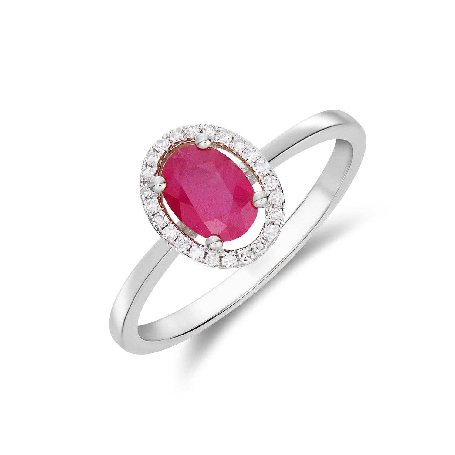 9CT WG 7X5 OVAL RUBY & ROUND DIAMOND HALO CLUSTER RING. 1