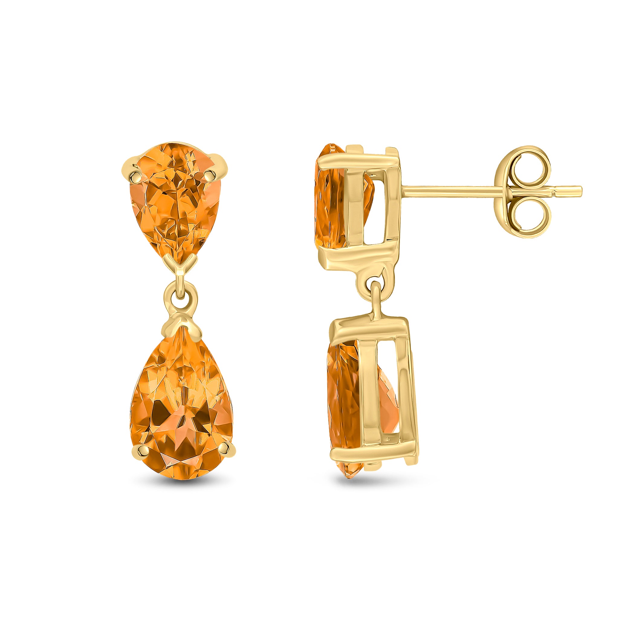 9ct Yellow Gold Pear Shape Citrine 2 Stone Claw Set Drop Earrings