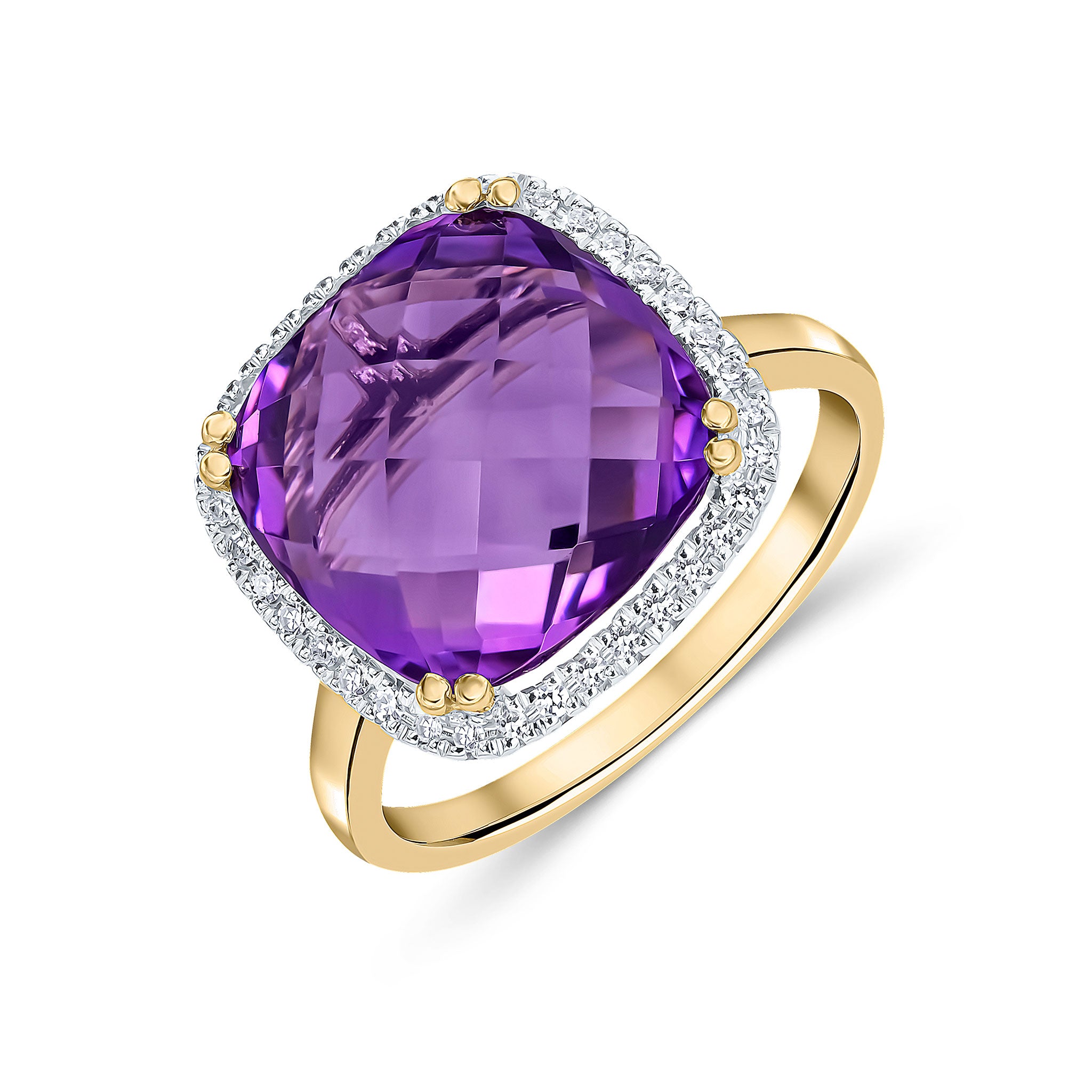 9CT YG 12MM CHECKERBOARD CUT CUSHION AMETHYST AND ROUND DIAMOND CLAW SET CLUSTER RING. RHODIUM TO DIAMONDS 1