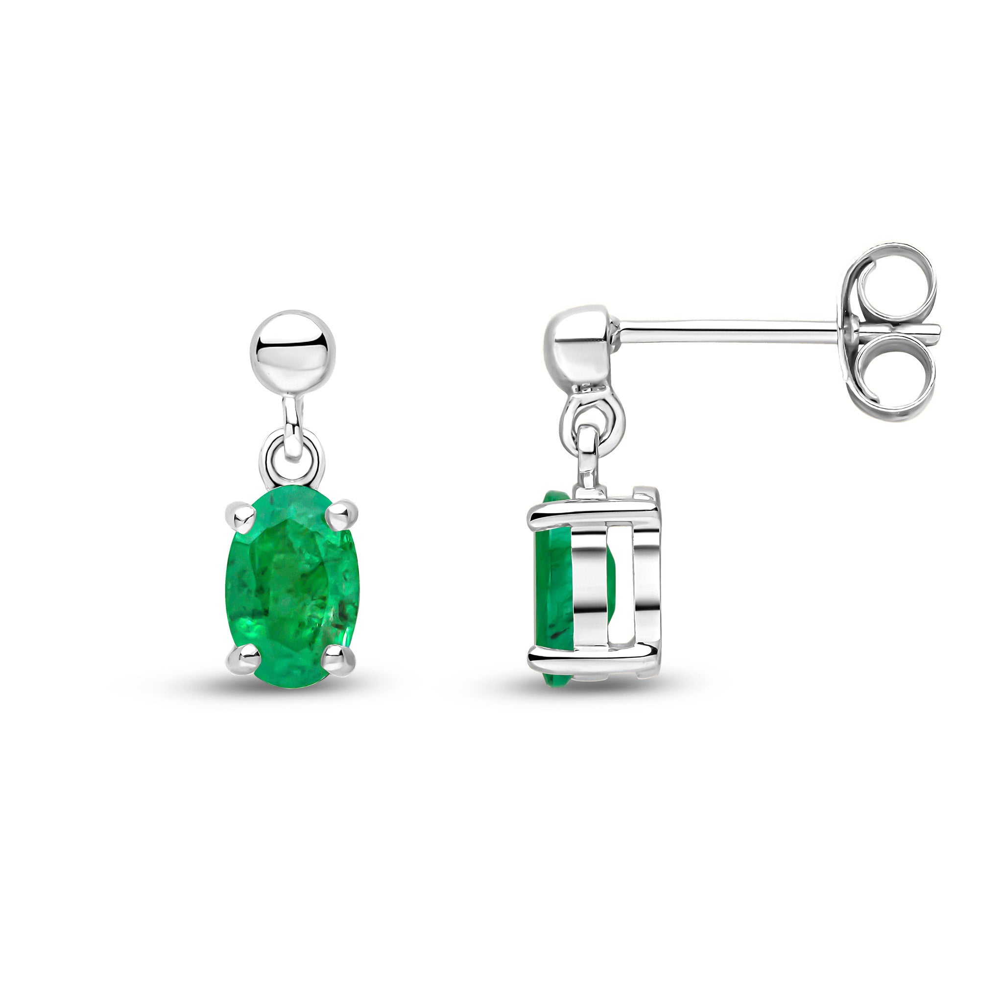 9ct White Gold 6x4 Oval Emerald Claw Set Drop Earrings with Bead Top