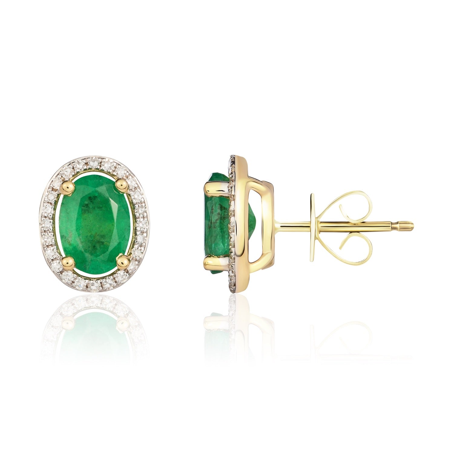 9ct Yellow Gold 7x5 Oval Emerald and Round Diamond Claw Set Halo Cluster Earrings Rhodium to Diamonds