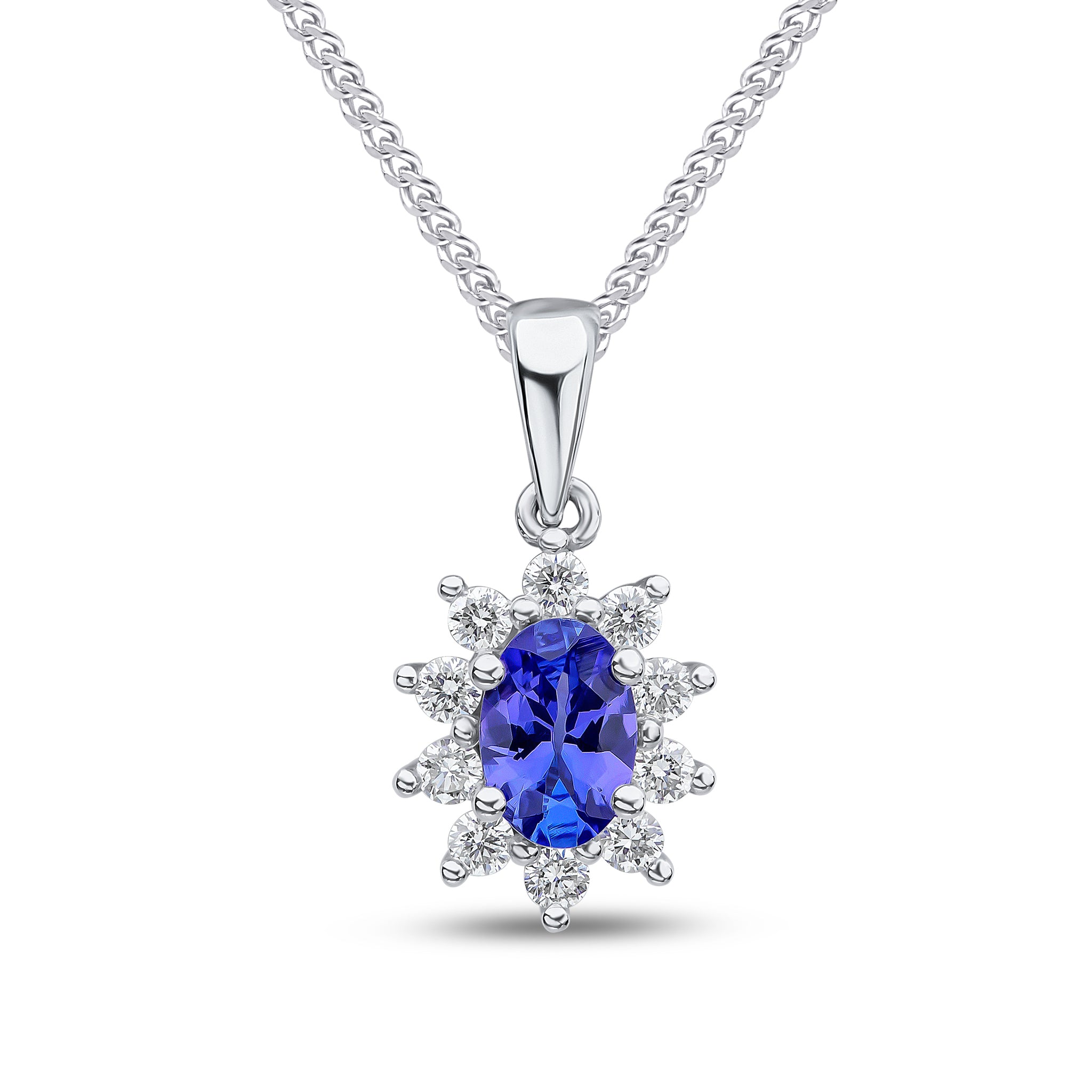 18ct White Gold 6x4 Oval Tanzanite & Diamond Claw Set Cluster Pendant
