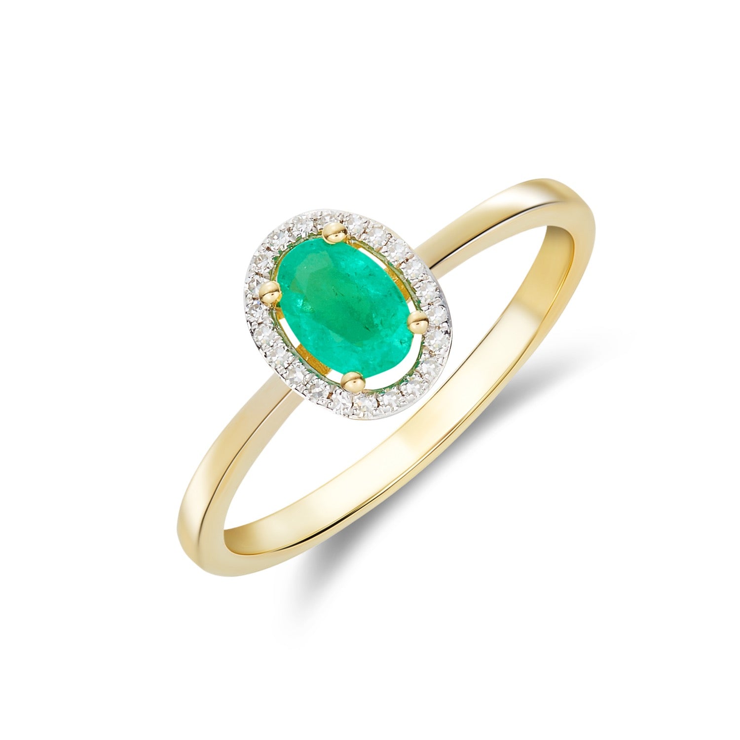 9ct Yellow Gold 6x4 Oval Emerald and Round Diamond Halo Cluster Ring Rhodium to Diamonds
