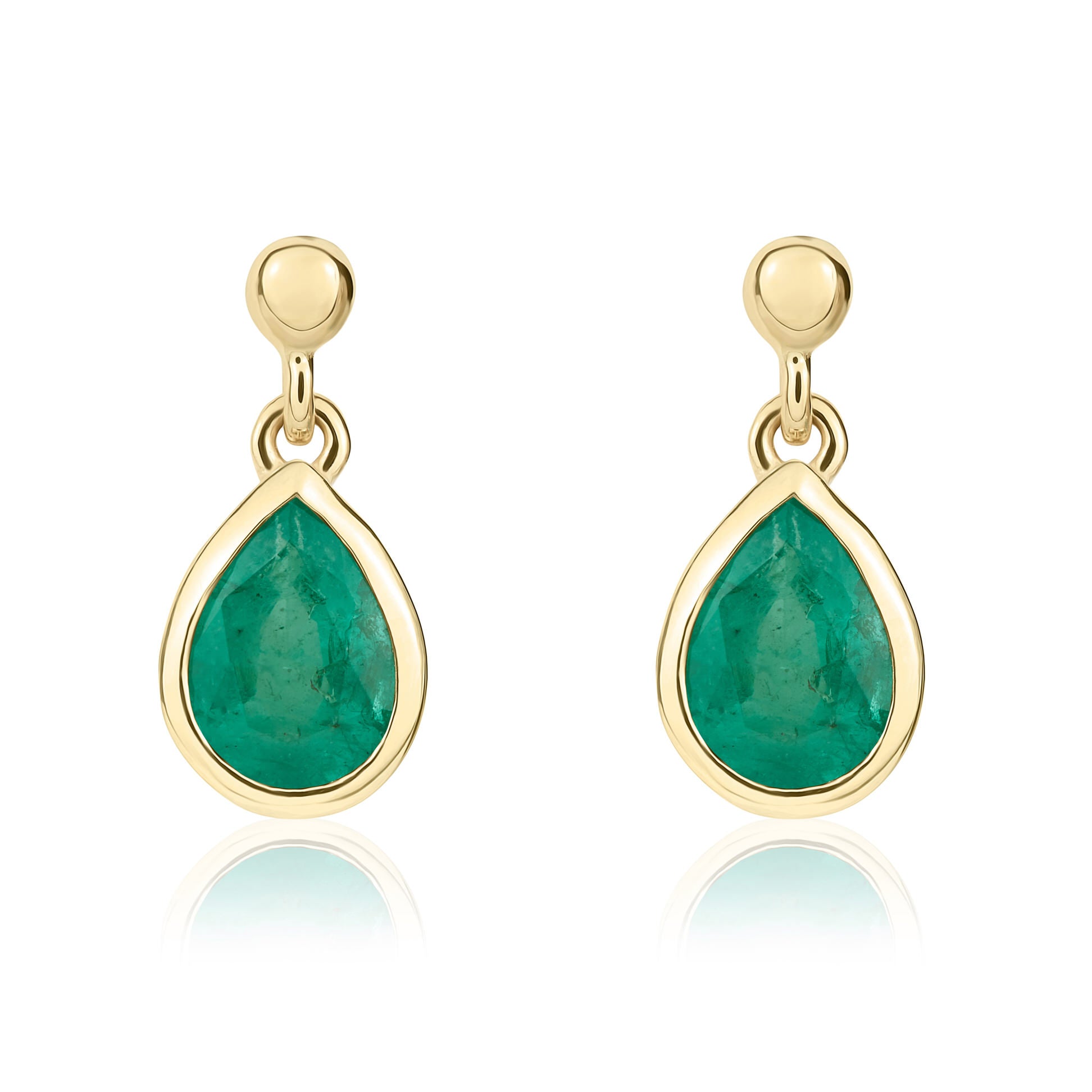 9ct Yellow Gold 7x5 Pear Shape Emerald Rubover Drop Earrings with Bead Top