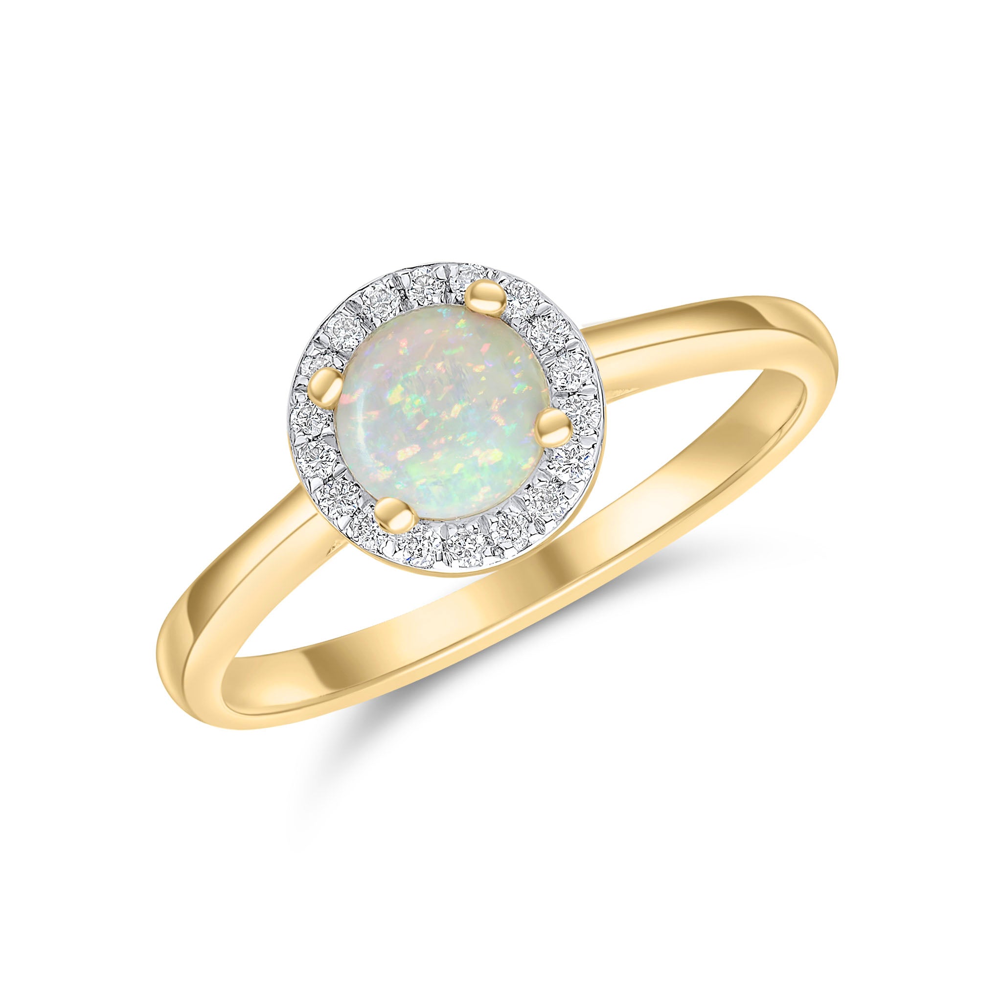 18ct Yellow Gold 5.5mm Round Opal & Diamond Cluster Ring Rhodium to Diamonds