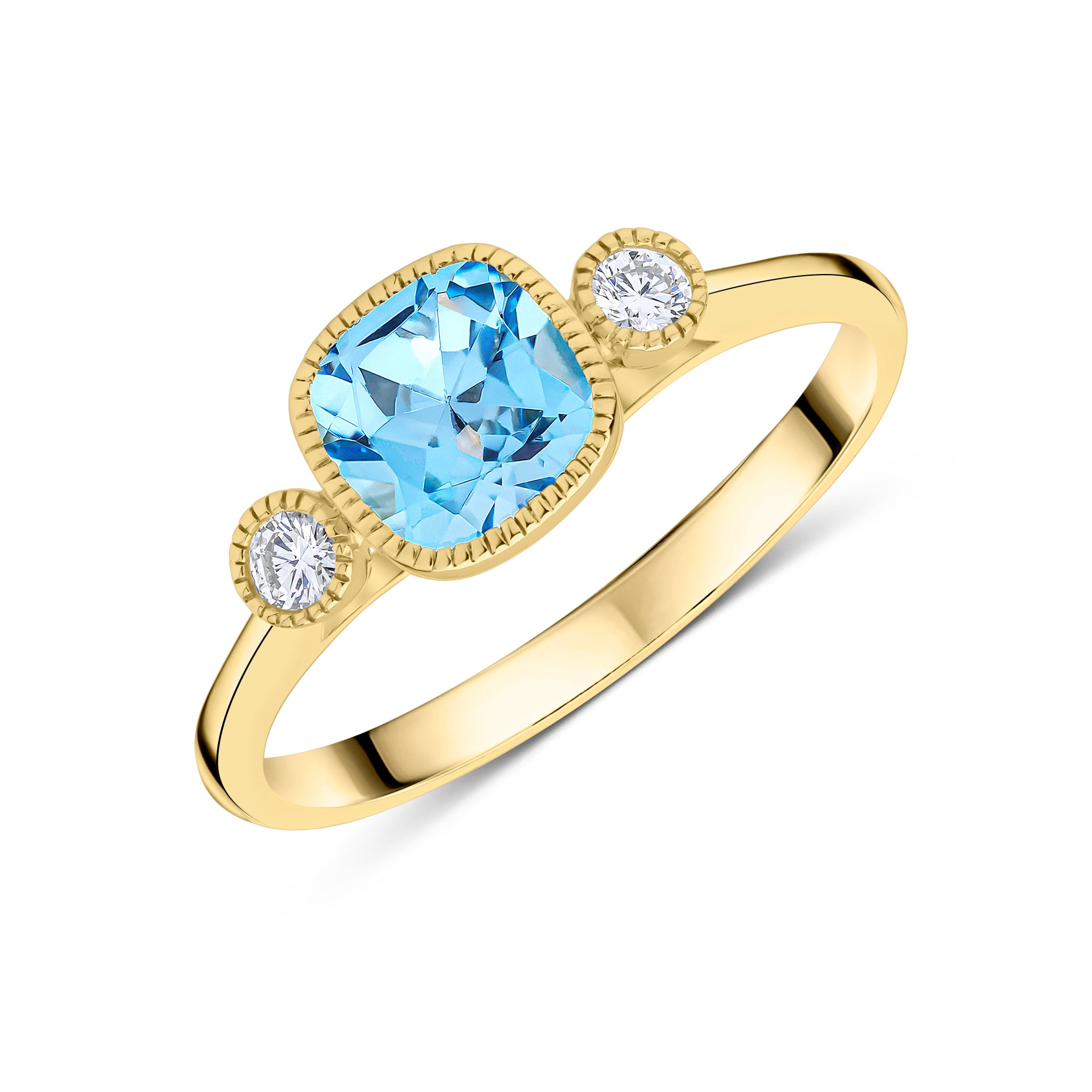 9CT YG 6MM CUSHION SWISS BLUE TOPAZ & ROUND DIAMOND MILLEGRAIN SET 3ST RING 1
