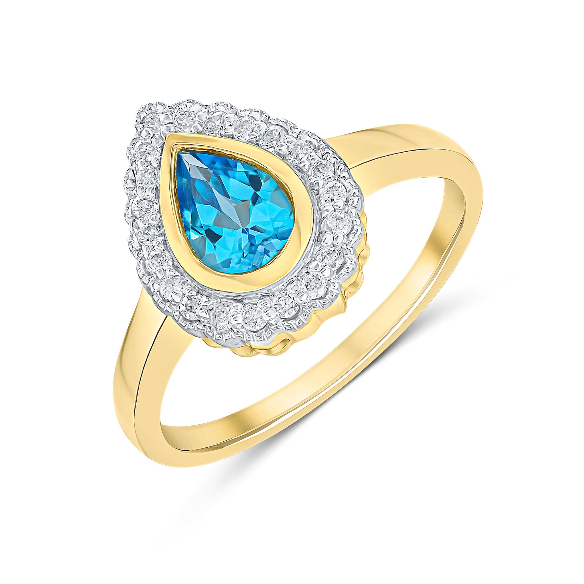 9CT YELLOW GOLD PEARSHAPE RUBOVER SWISS BLUE TOPAZ AND MILLEGRAIN ROUND DIAMOND CLUSTER RING. RHODIUM TO DIAMONDS 1