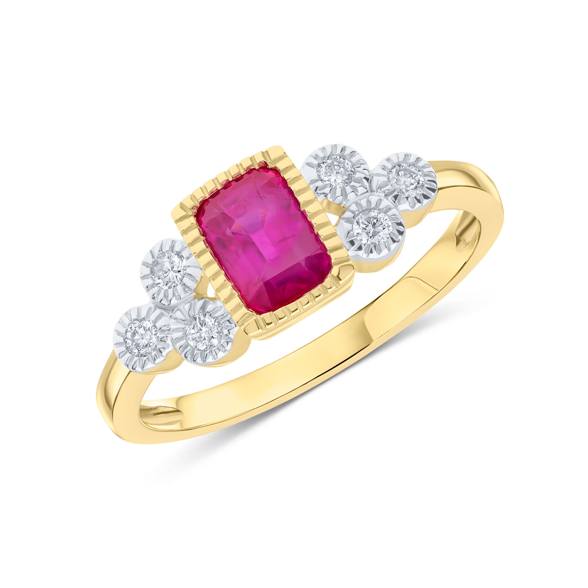9ct Yellow Gold 6x4 Octagon Ruby and Diamond Trefoil Shoulders Milgrain Set Ring Rhodium to Diamonds
