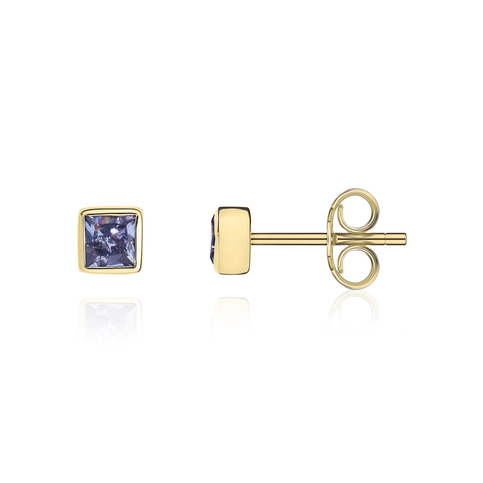 9ct Yellow Gold 3mm Square Tanzanite Rubover Set Earrings