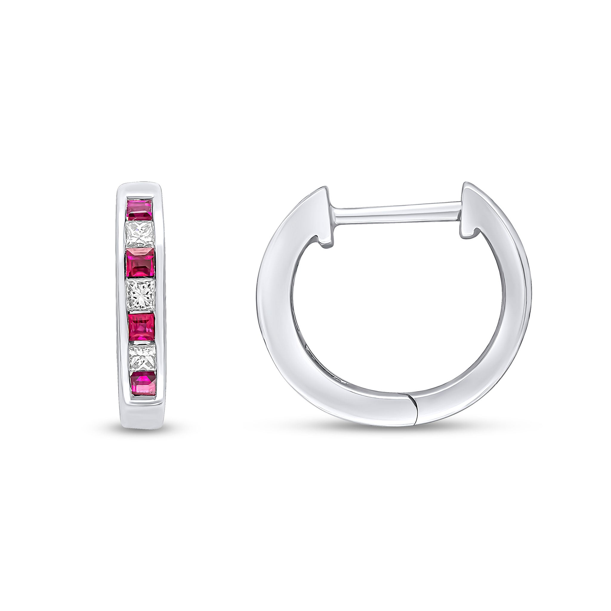 18wg Square Ruby & Diamond Channel Huggy Earrings