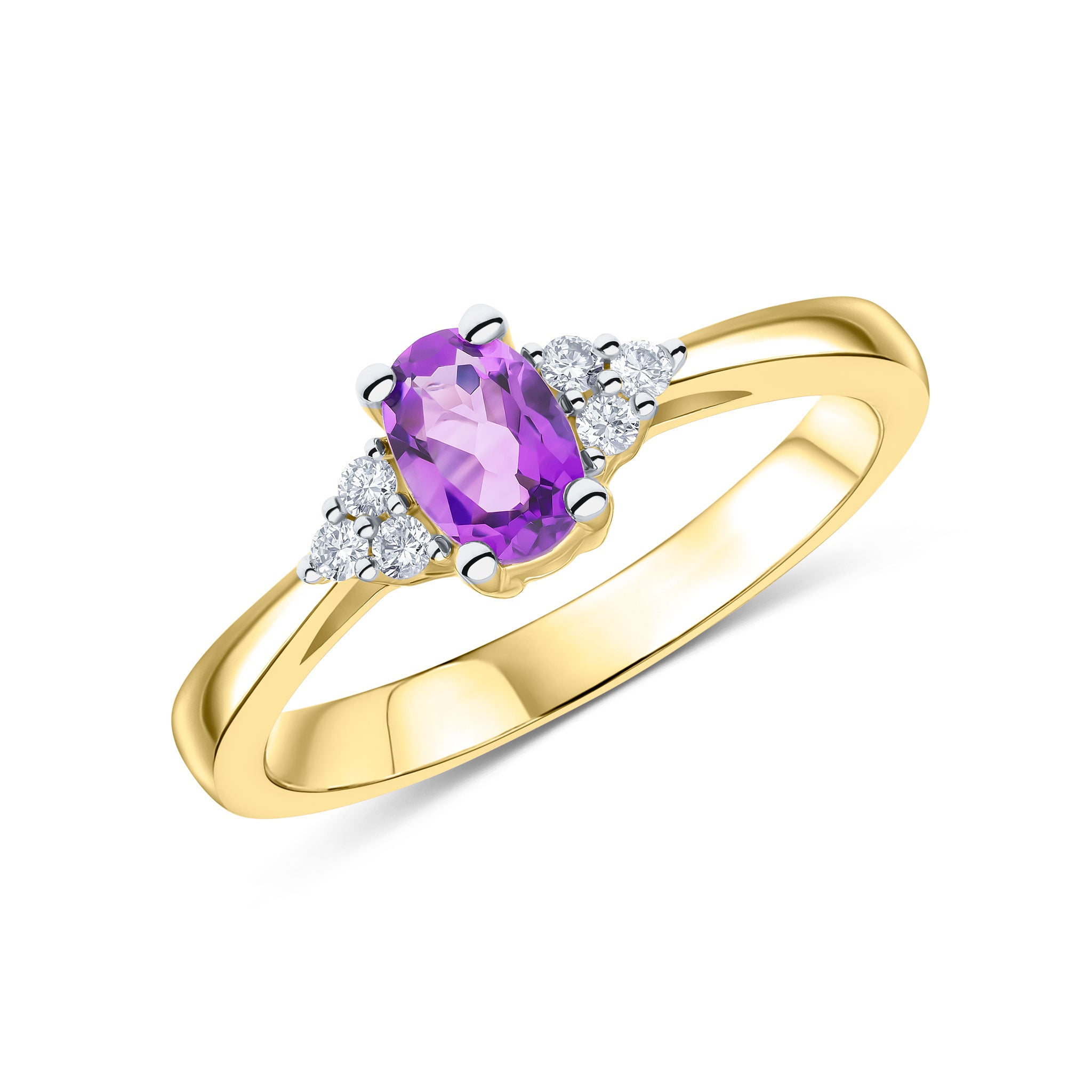 9ct Ywg 6x4 Oval Amethyst and Round Diamond Trefoil Shoulders Ring